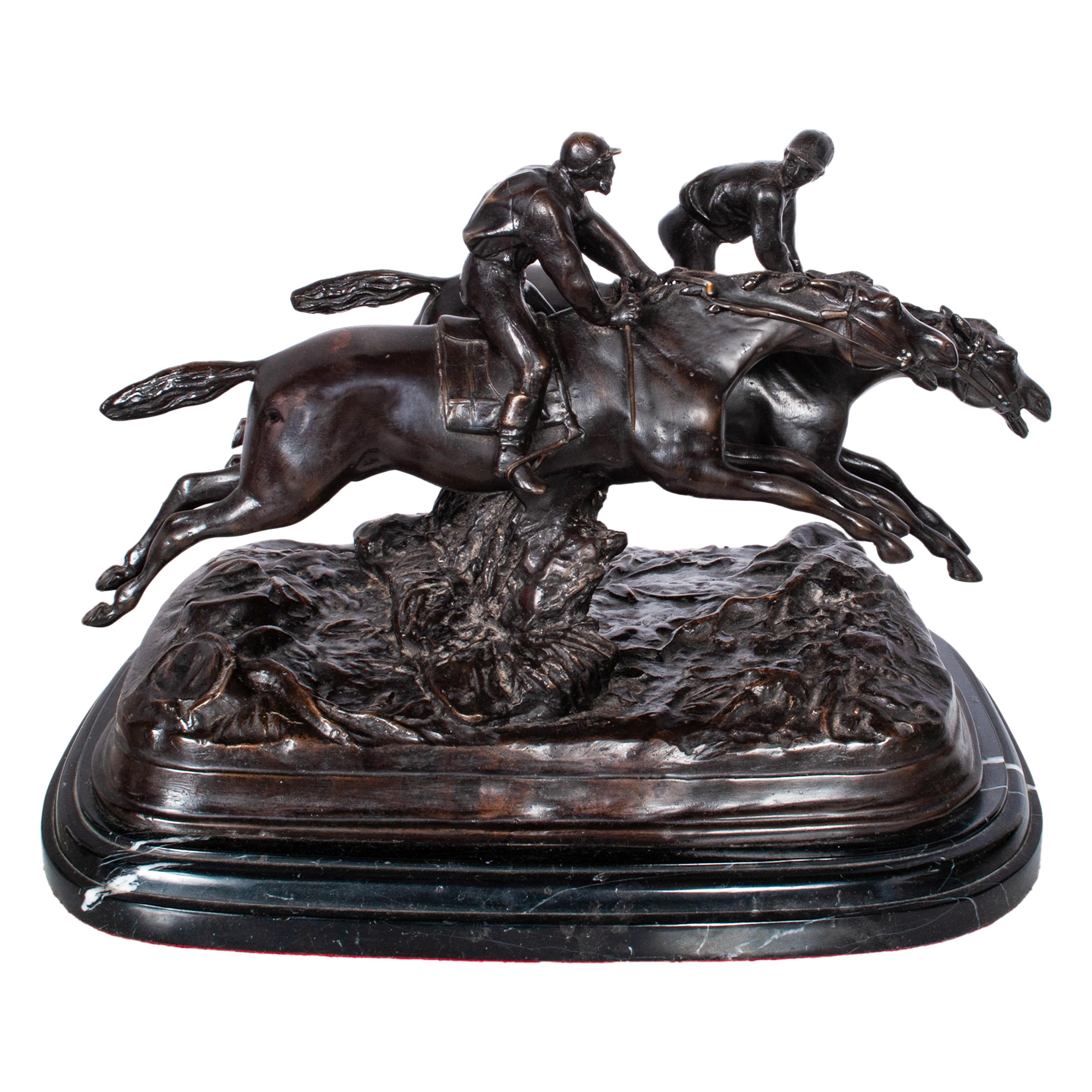 Antique French 19th Bronce Grupo Ecuestre Caballos Jockeys Estatua Escultura 1895 en venta 1