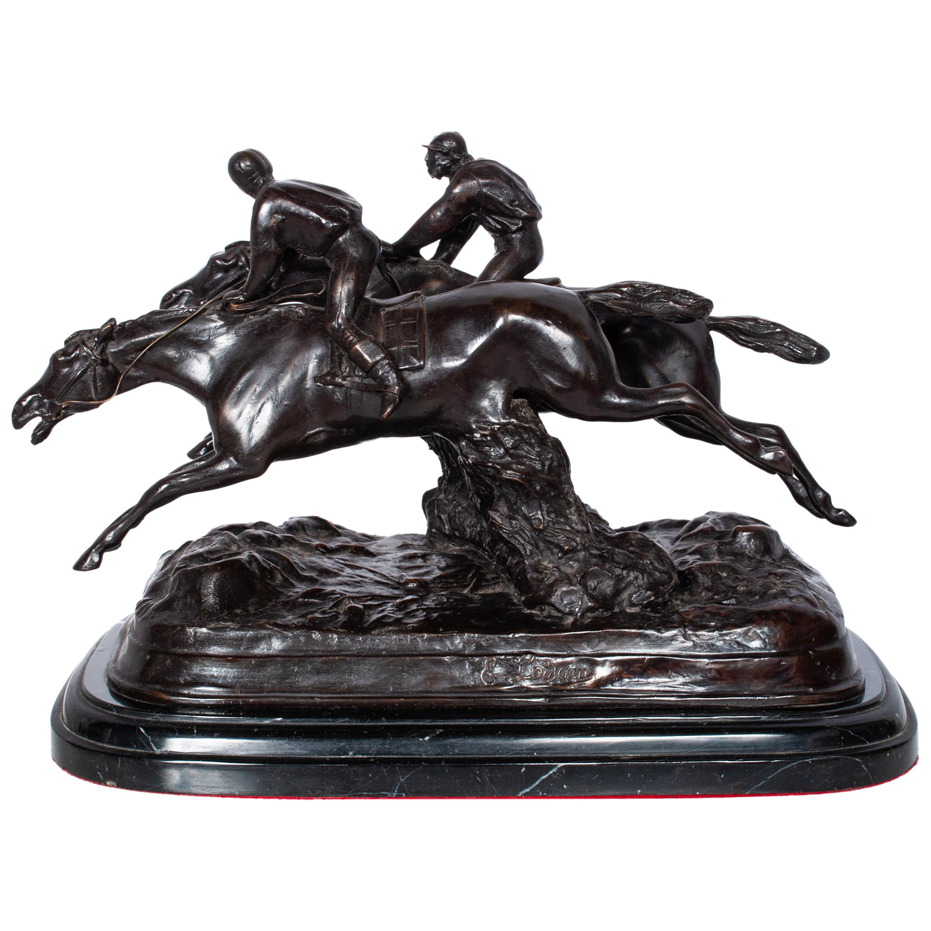 Antique French 19th Bronce Grupo Ecuestre Caballos Jockeys Estatua Escultura 1895