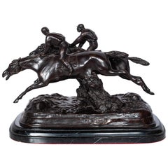 Antique French 19th Bronze Equestrian Group Horses Jockeys Statue Sculpture 1895