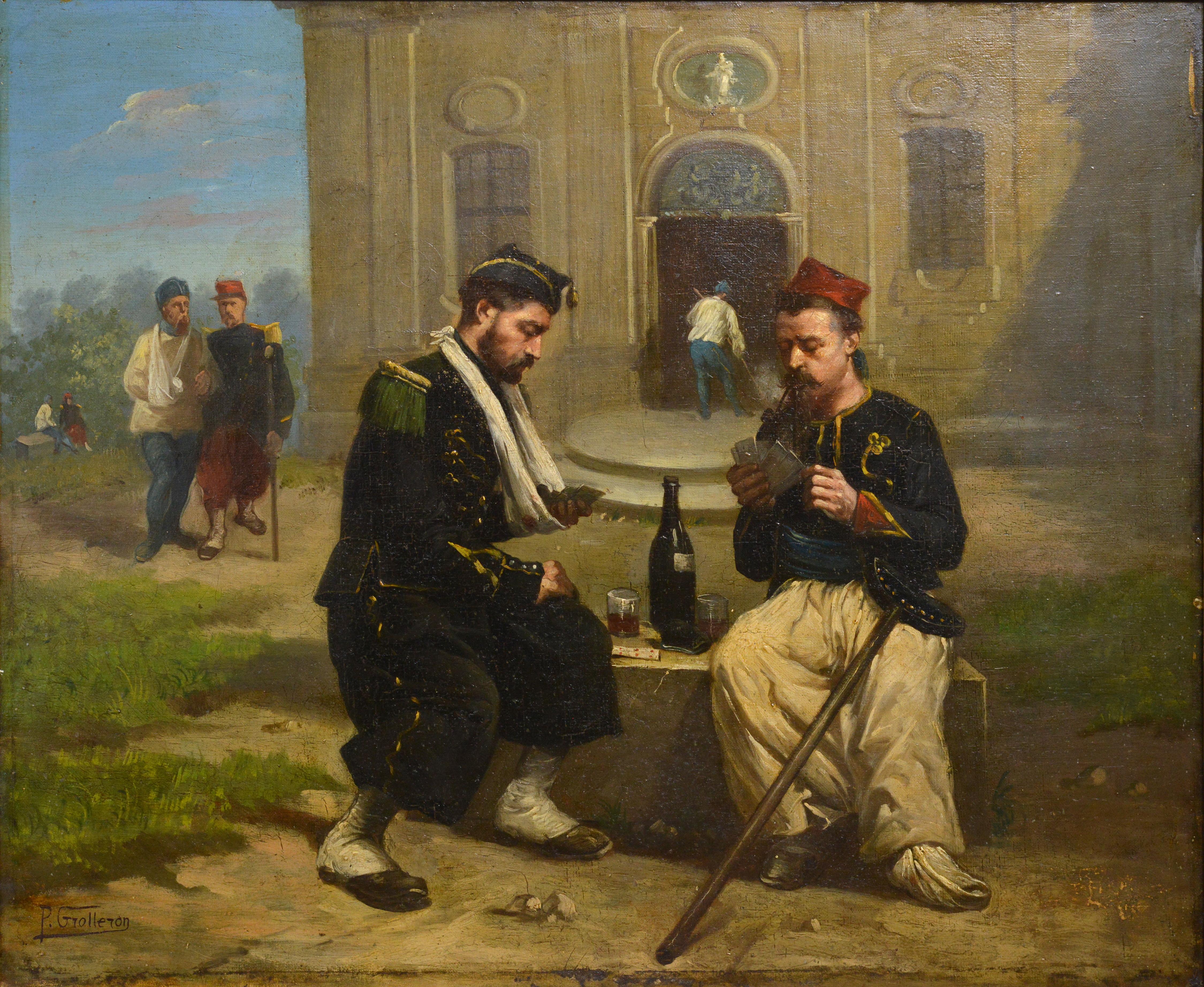 French Genre scene Little joys in a military hospital 19th century Oil painting - Painting by Paul (Louis Narcisse) Grolleron