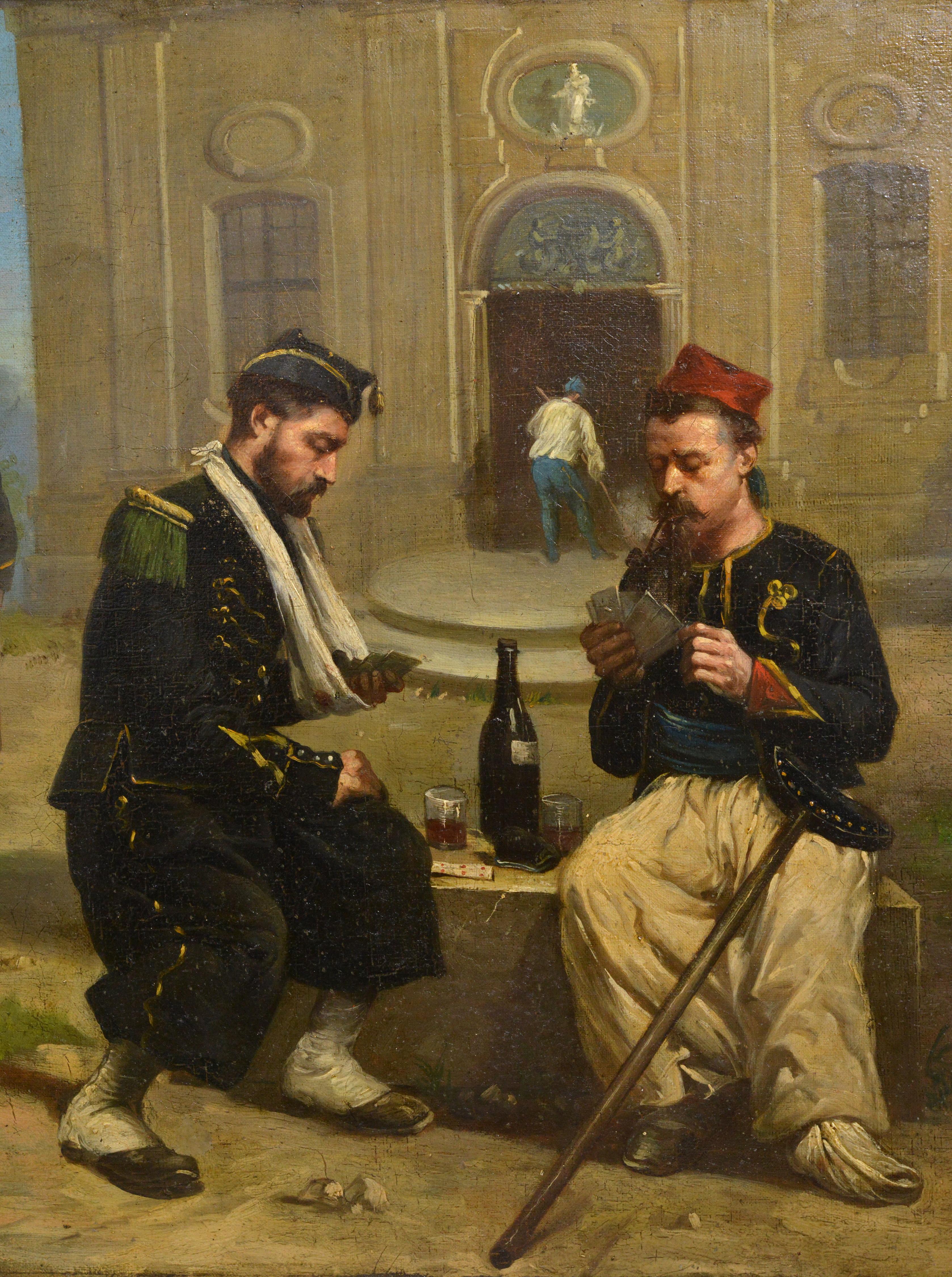 Französische Genre-Szene „Little joys in a military hospital“, Ölgemälde, 19. Jahrhundert (Realismus), Painting, von Paul (Louis Narcisse) Grolleron