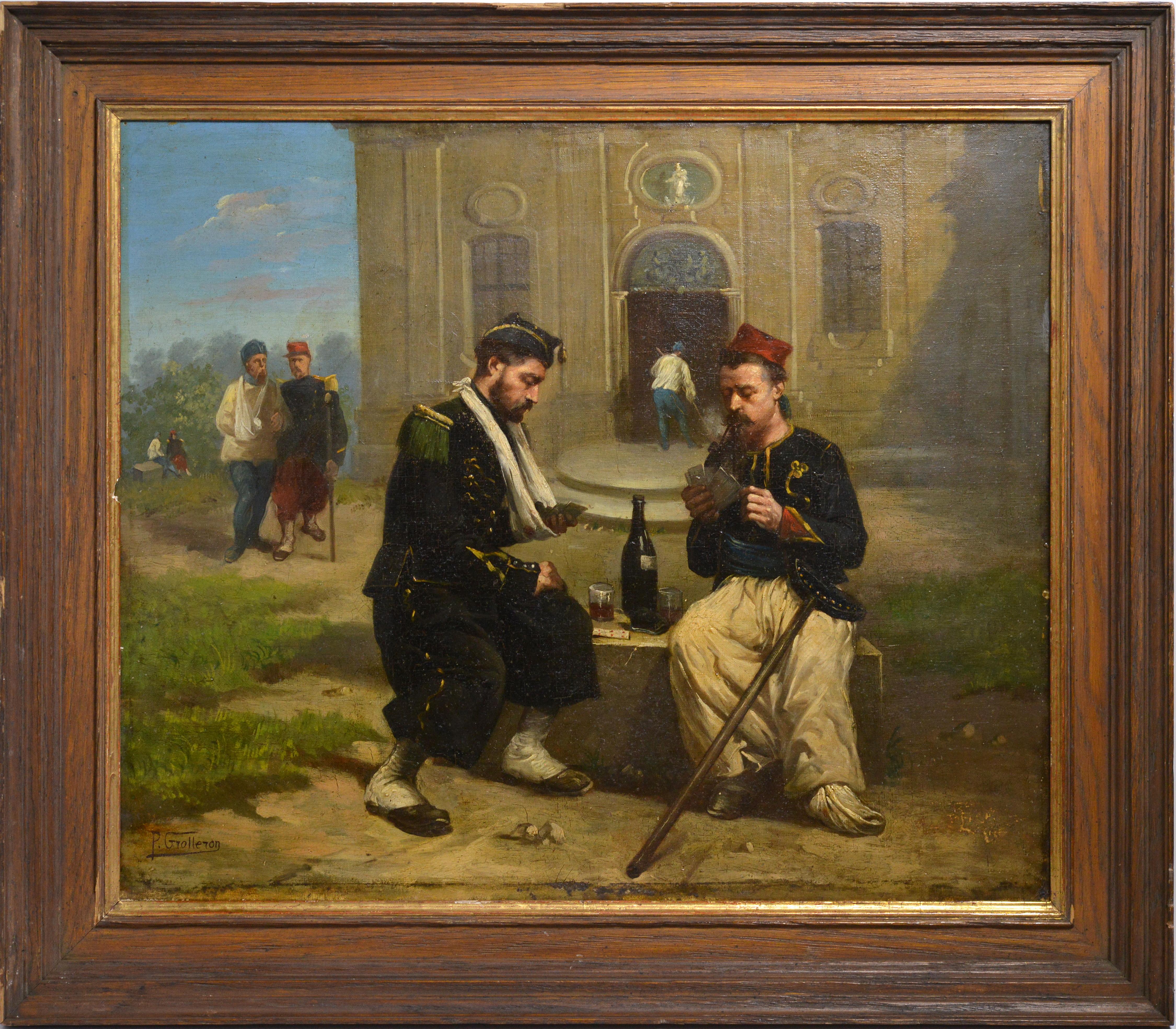 French Genre scene Little joys in a military hospital 19th century Oil painting