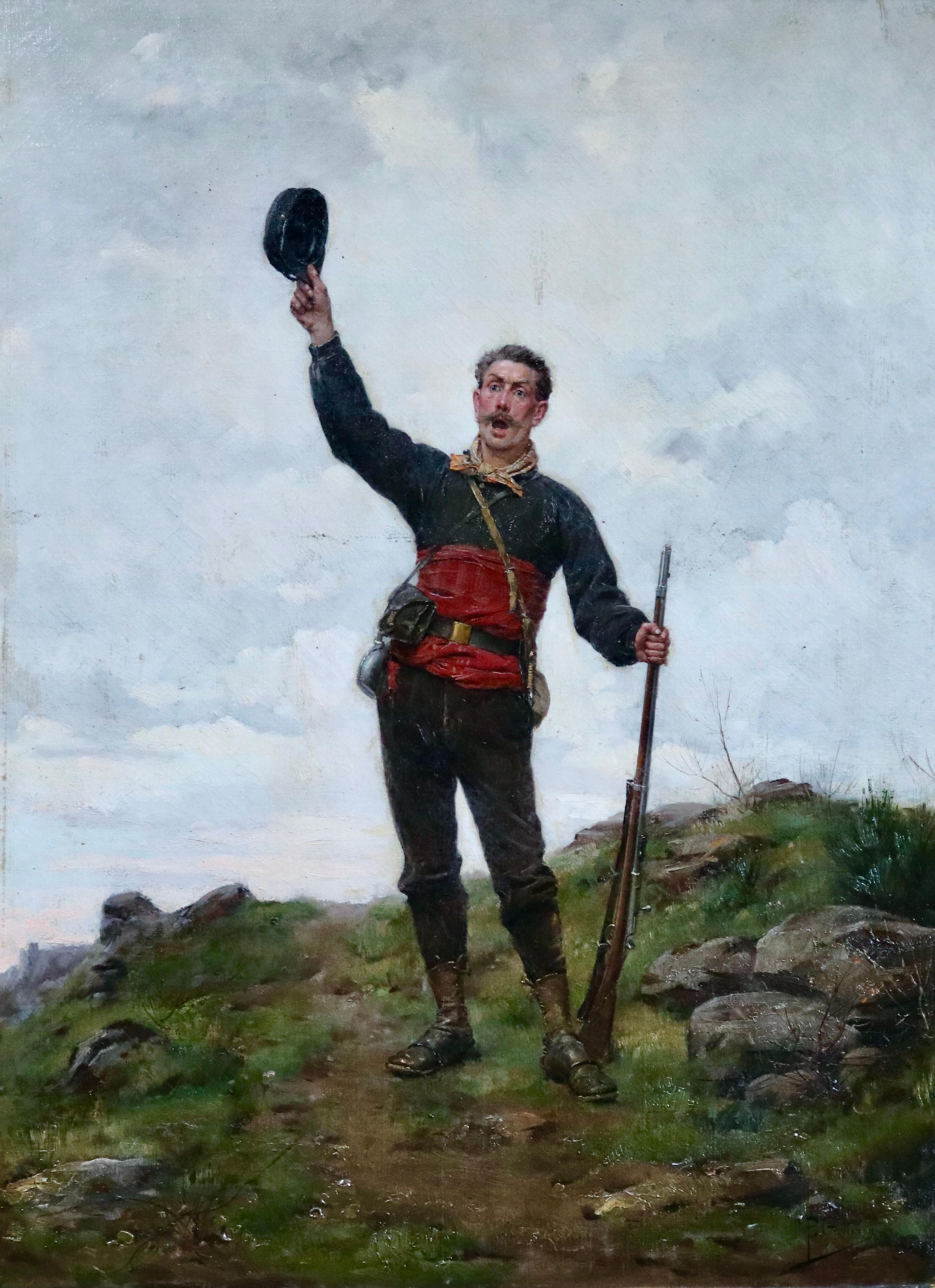 Paul (Louis Narcisse) Grolleron Figurative Painting - Triumphant - 19th Century Oil, Figure of Soldier in Landscape by Paul Grolleron