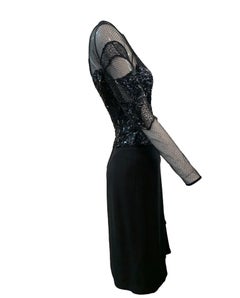 Paul-Louis Orrier Schwarzes Cocktailkleid mit Perlenbesatz und Spitzeneinsatz, 1980er Jahre