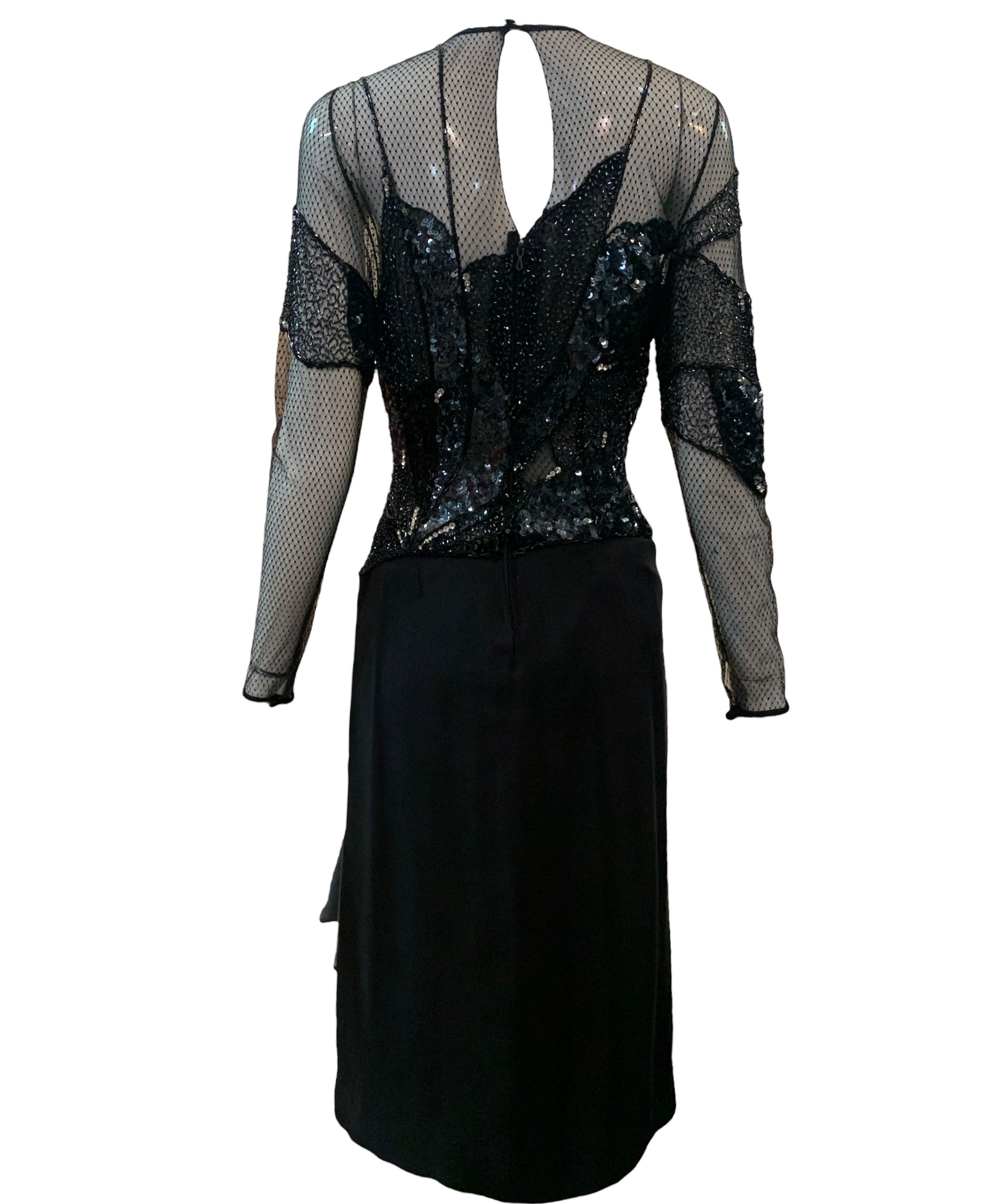 Paul Louis Orrier Black Beaded Lace Panel Cocktail Dress, 1980s In Excellent Condition For Sale In Los Angeles, CA