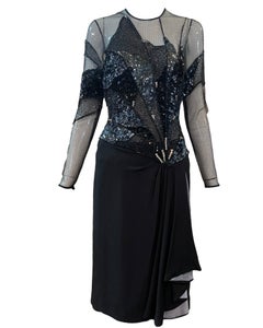 Paul Louis Orrier Black Beaded Lace Panel Cocktail Dress, 1980s