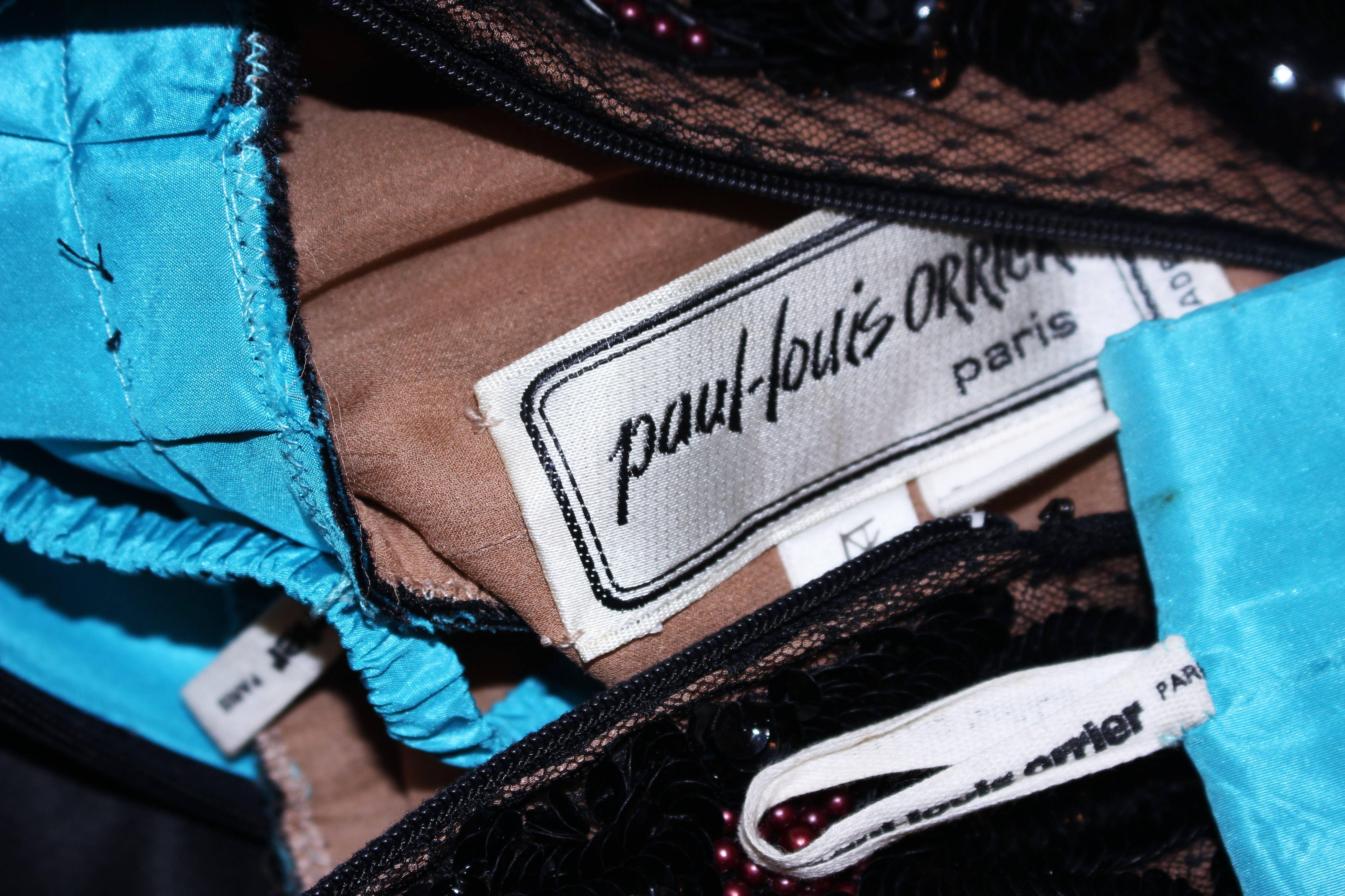 PAUL LOUIS ORRIER Vestido de cóctel de seda negra con cuentas y cinturón turquesa Talla 6-8 en venta 5