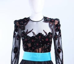 PAUL LOUIS ORRIER Black Silk Beaded Cocktail Dress with Turquoise Belt Size 6 8