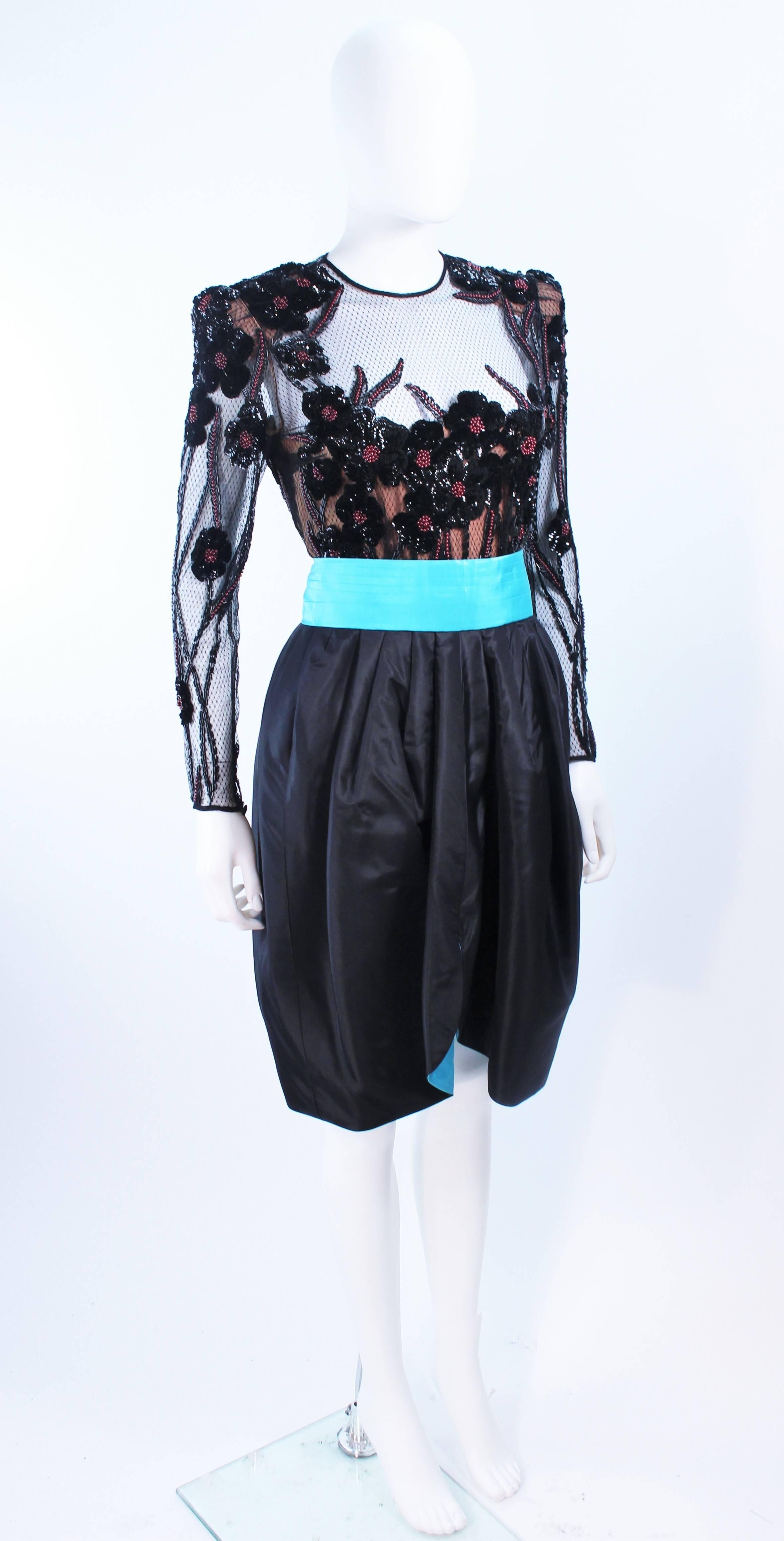 PAUL LOUIS ORRIER Vestido de cóctel de seda negra con cuentas y cinturón turquesa Talla 6-8 Negro en venta