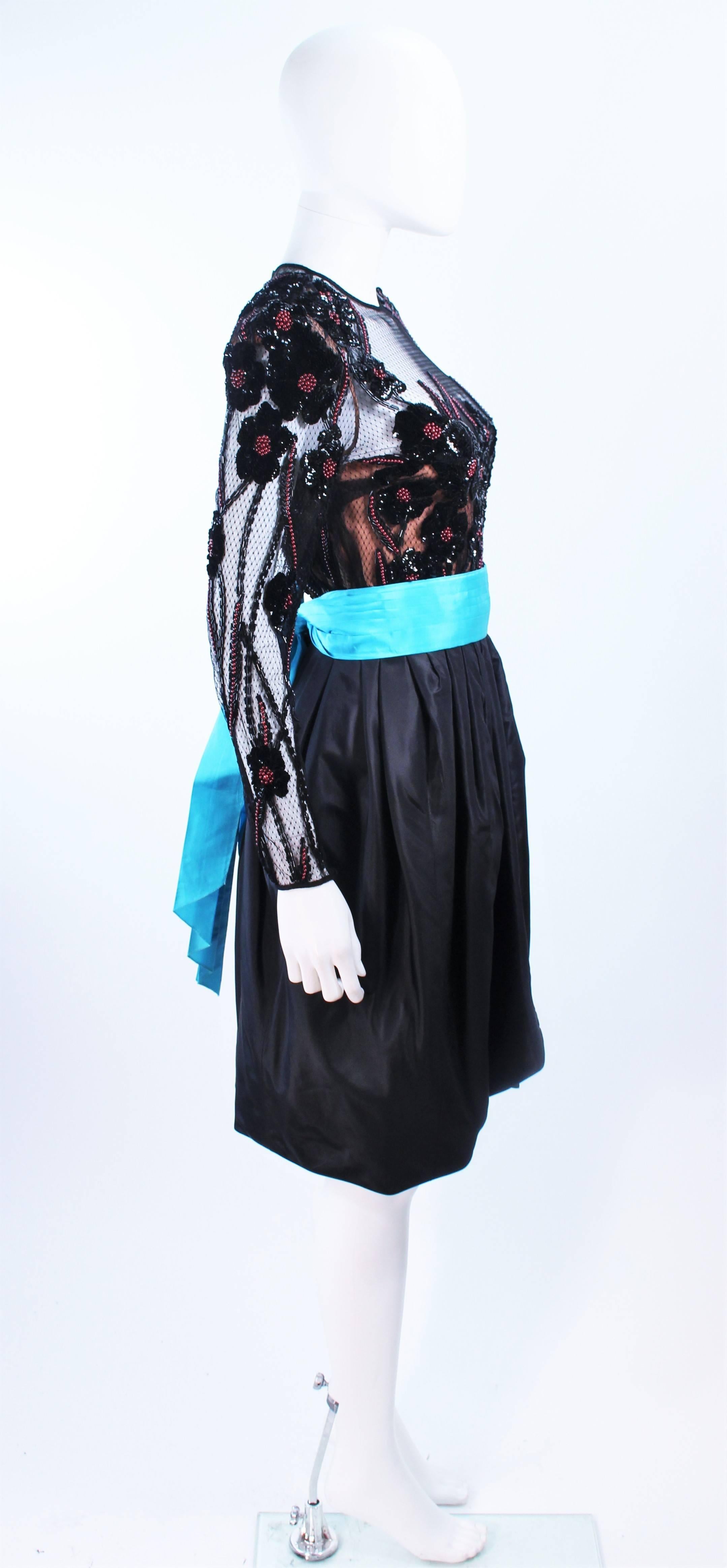 PAUL LOUIS ORRIER Vestido de cóctel de seda negra con cuentas y cinturón turquesa Talla 6-8 en venta 1