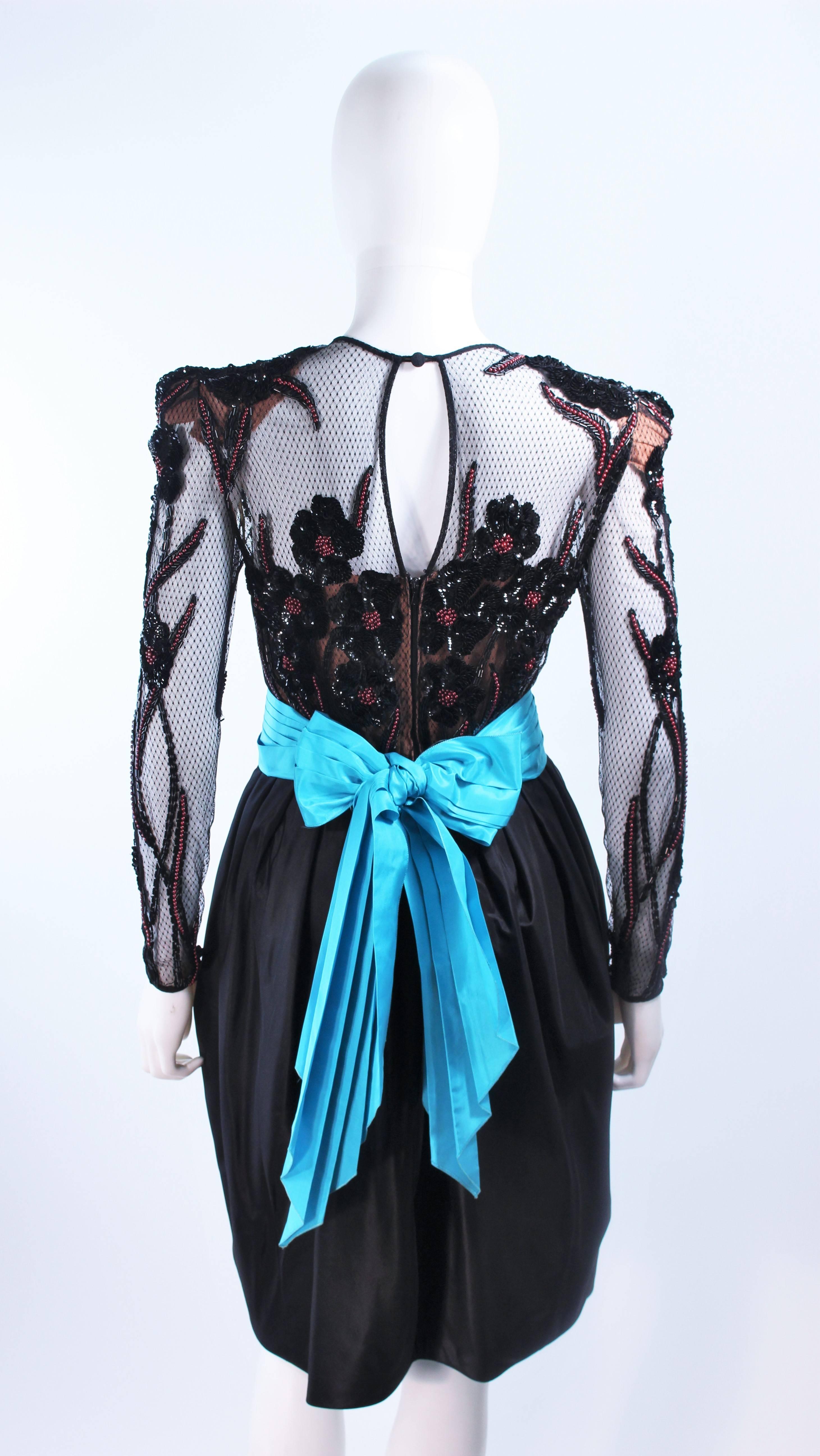 PAUL LOUIS ORRIER Black Silk Beaded Cocktail Dress with Turquoise Belt Size 6 8 4