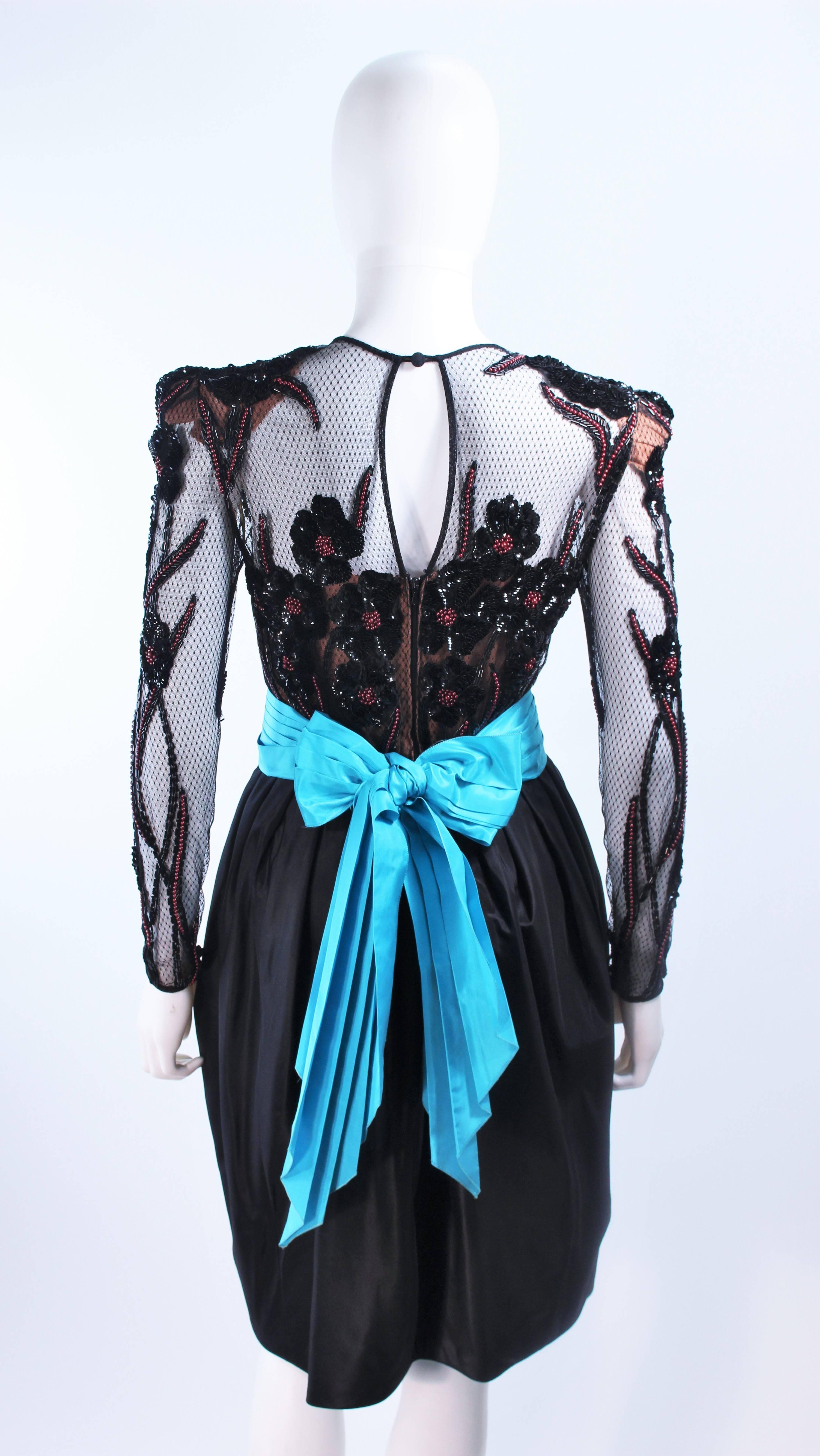 PAUL LOUIS ORRIER Vestido de cóctel de seda negra con cuentas y cinturón turquesa Talla 6-8 en venta 3