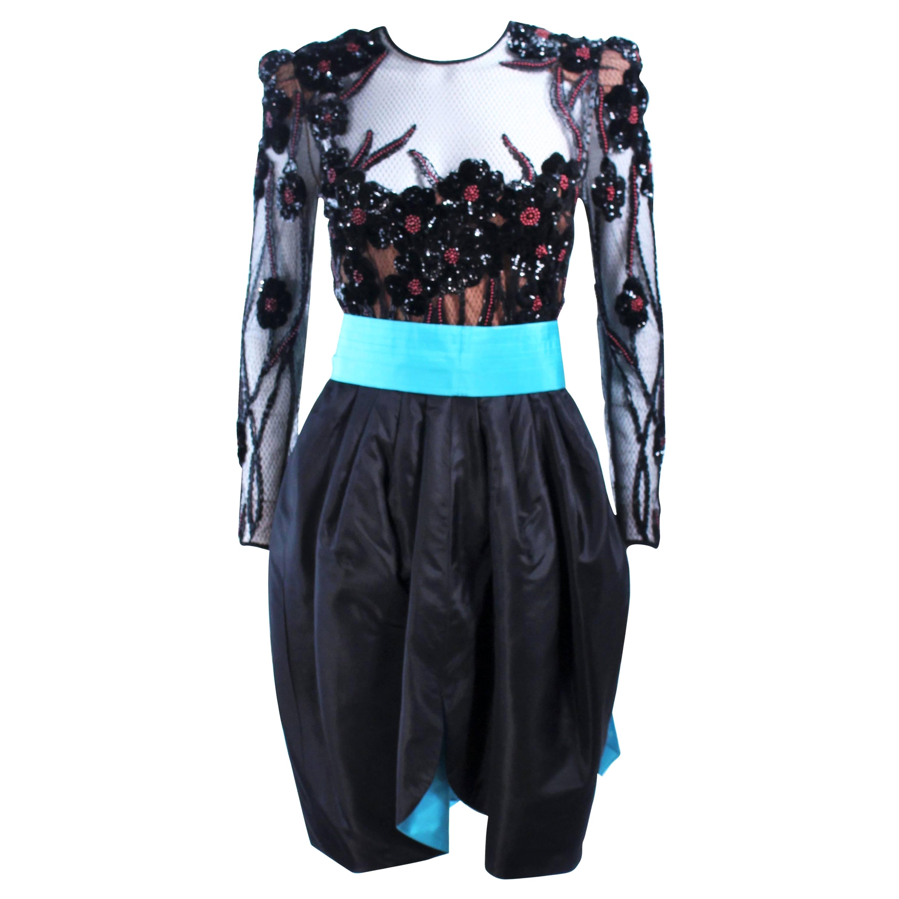 PAUL LOUIS ORRIER Vestido de cóctel de seda negra con cuentas y cinturón turquesa Talla 6-8 en venta