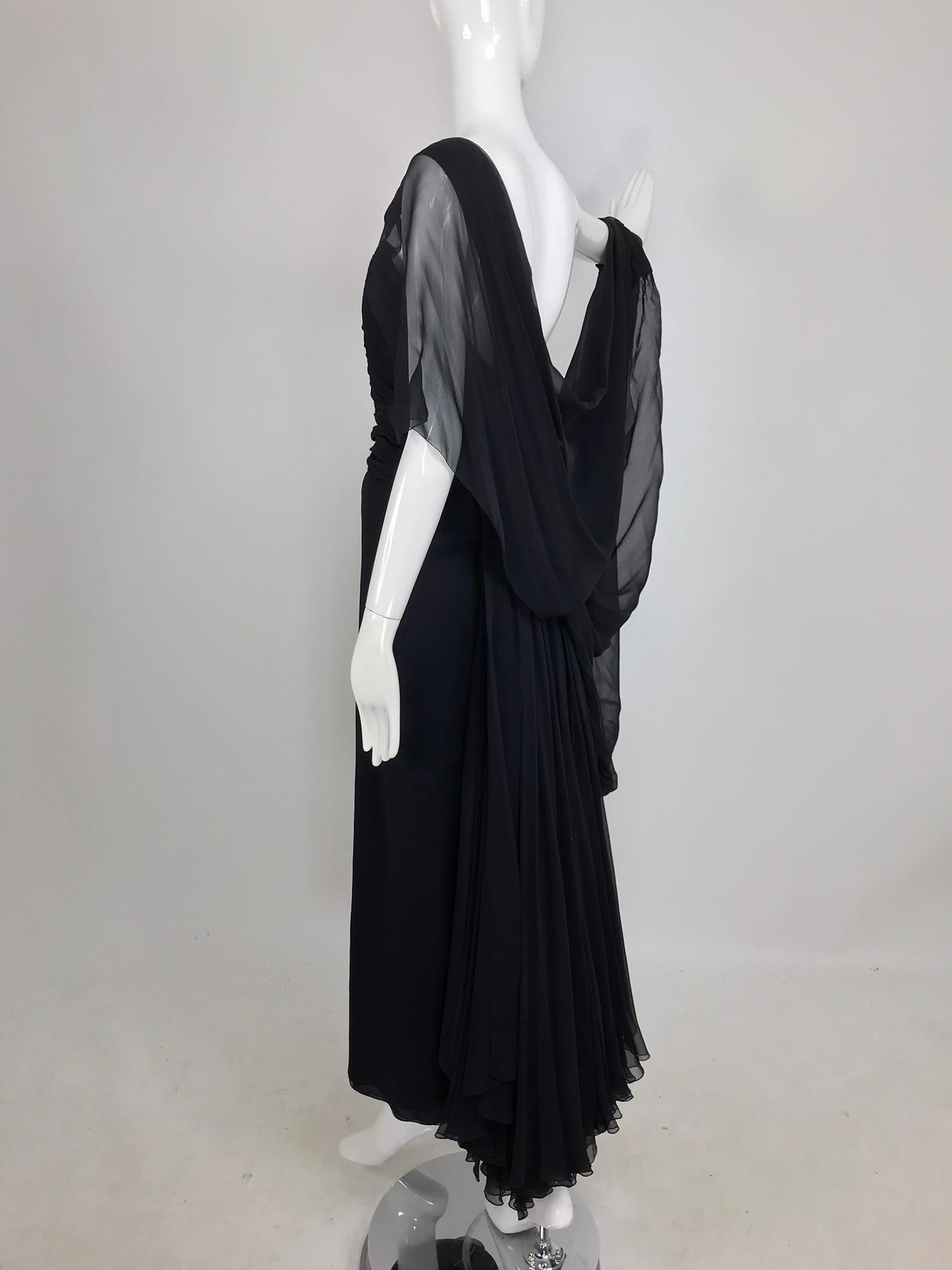 Paul-Louis Orrier Black Silk Chiffon One Sleeve Demi Couture Gown 1980s 5