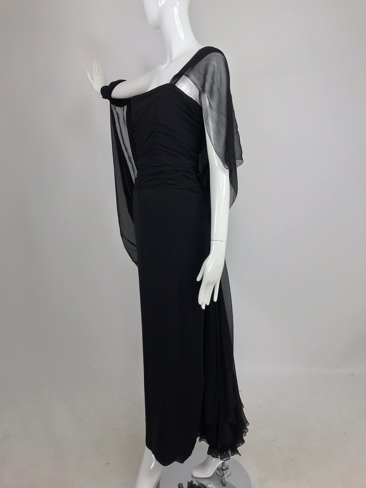 Paul-Louis Orrier Black Silk Chiffon One Sleeve Demi Couture Gown 1980s 6
