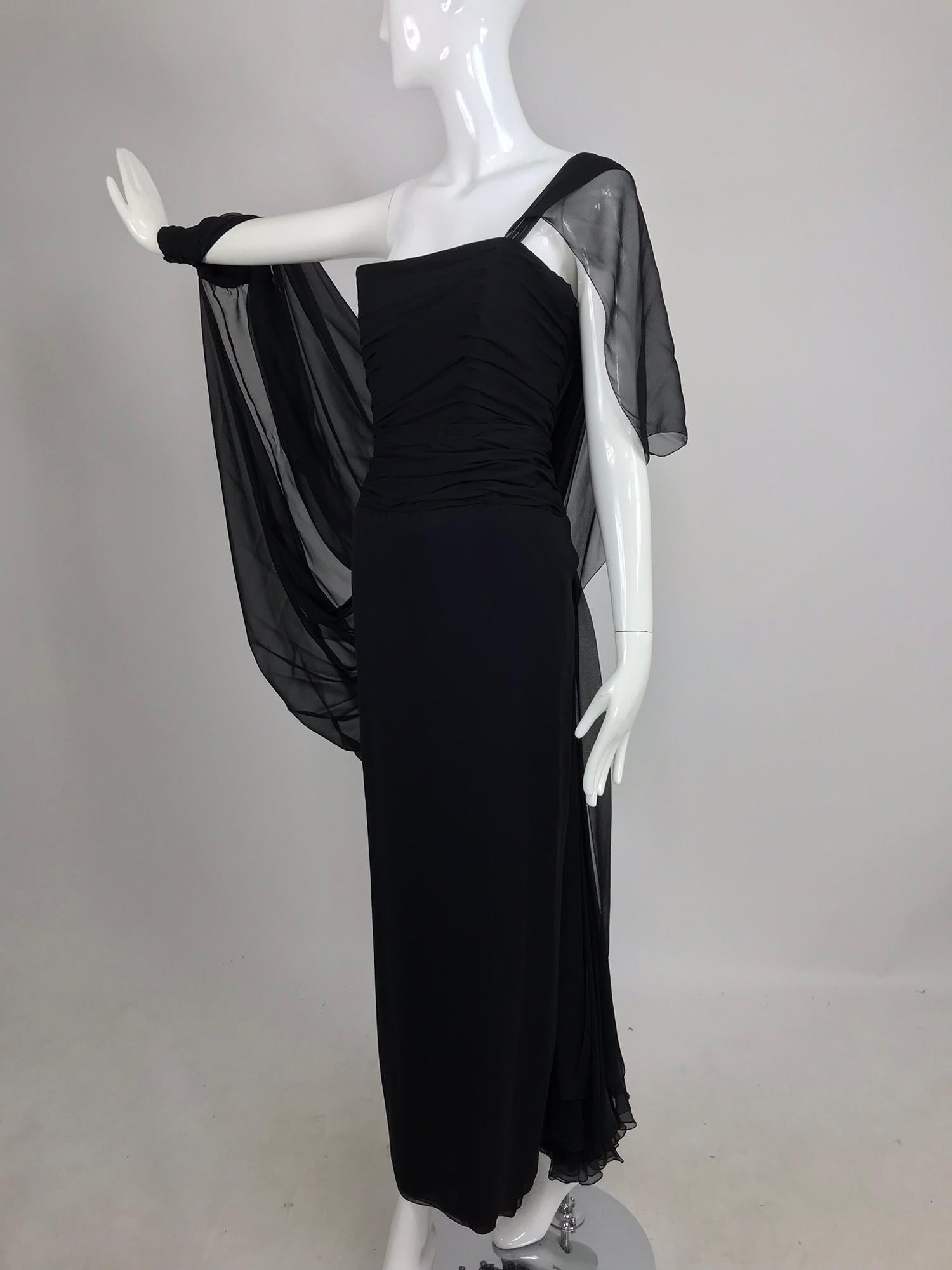 Paul-Louis Orrier Black Silk Chiffon One Sleeve Demi Couture Gown 1980s 7