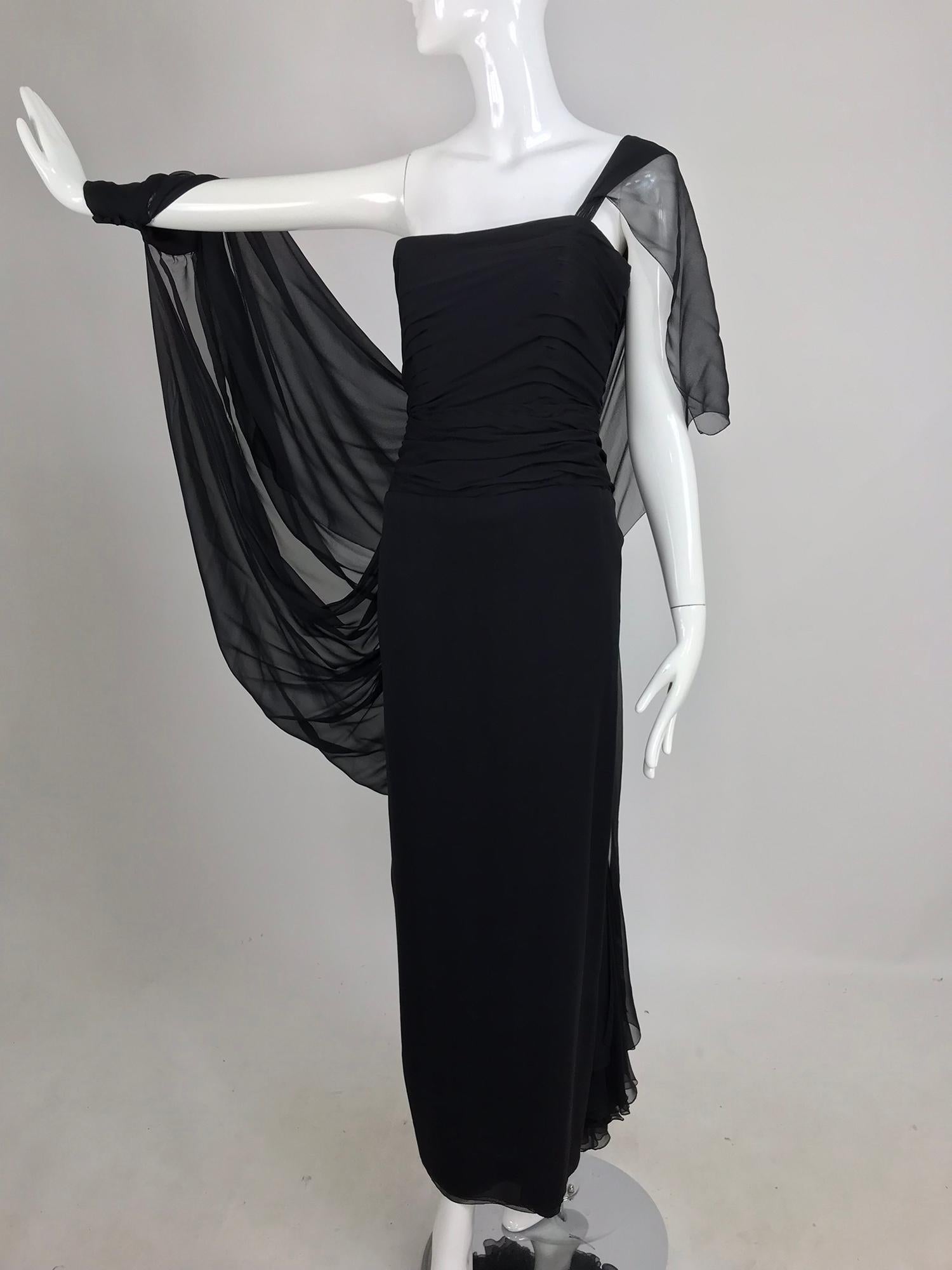 Paul-Louis Orrier Black Silk Chiffon One Sleeve Demi Couture Gown 1980s 8