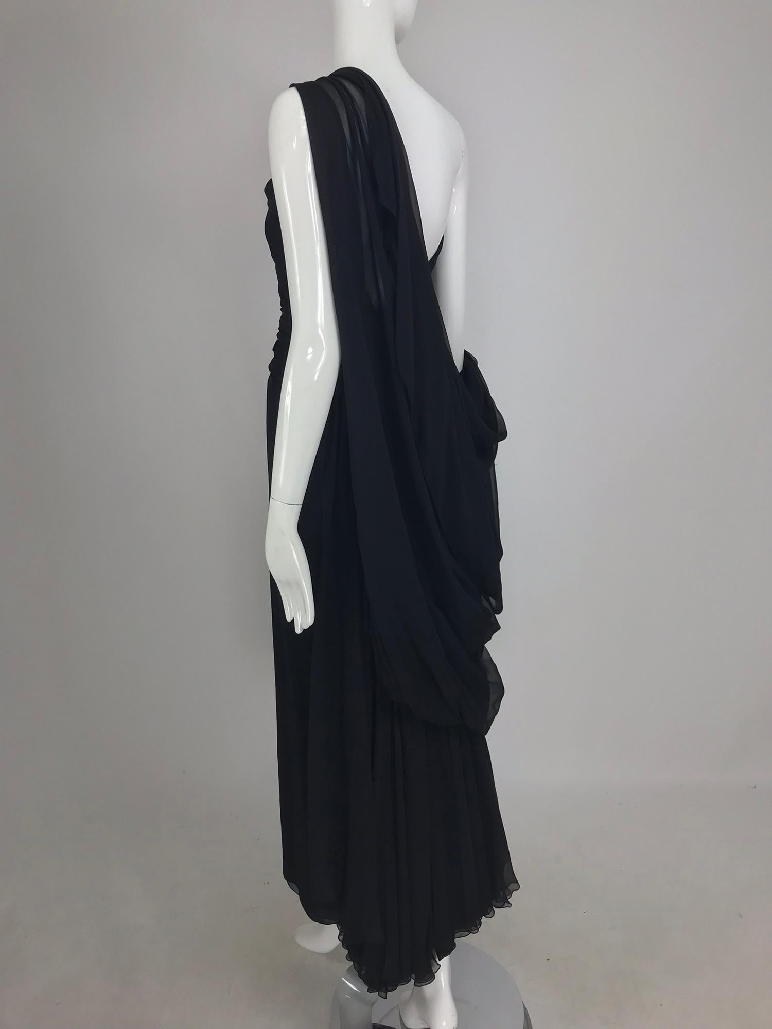 Paul-Louis Orrier Black Silk Chiffon One Sleeve Demi Couture Gown 1980s 9