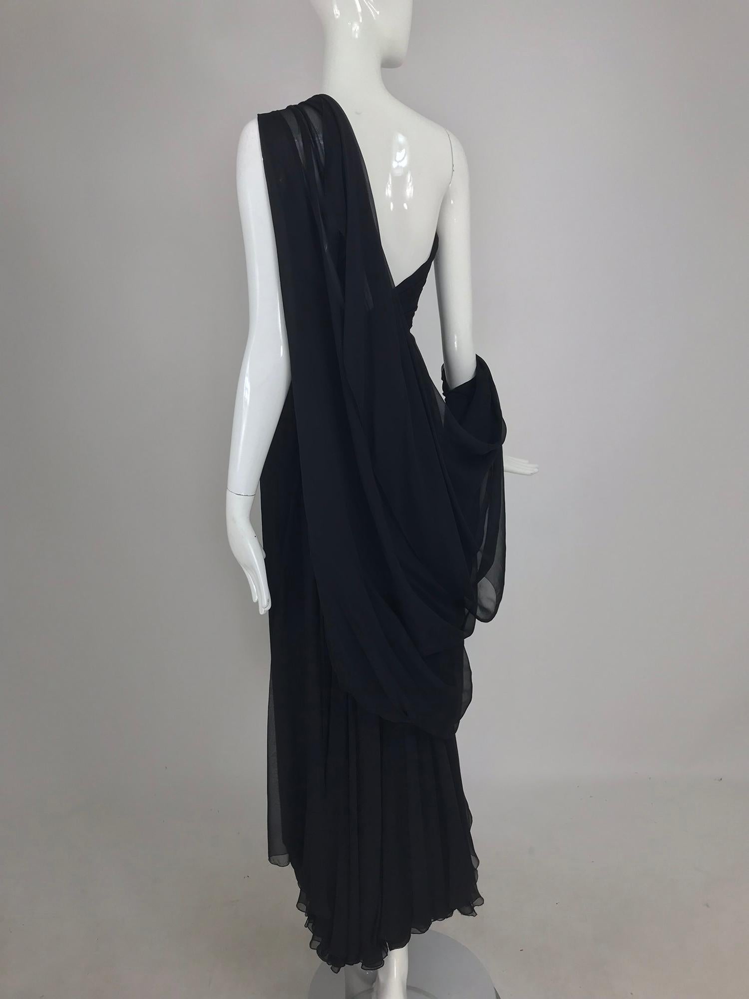 Paul-Louis Orrier Black Silk Chiffon One Sleeve Demi Couture Gown 1980s 10