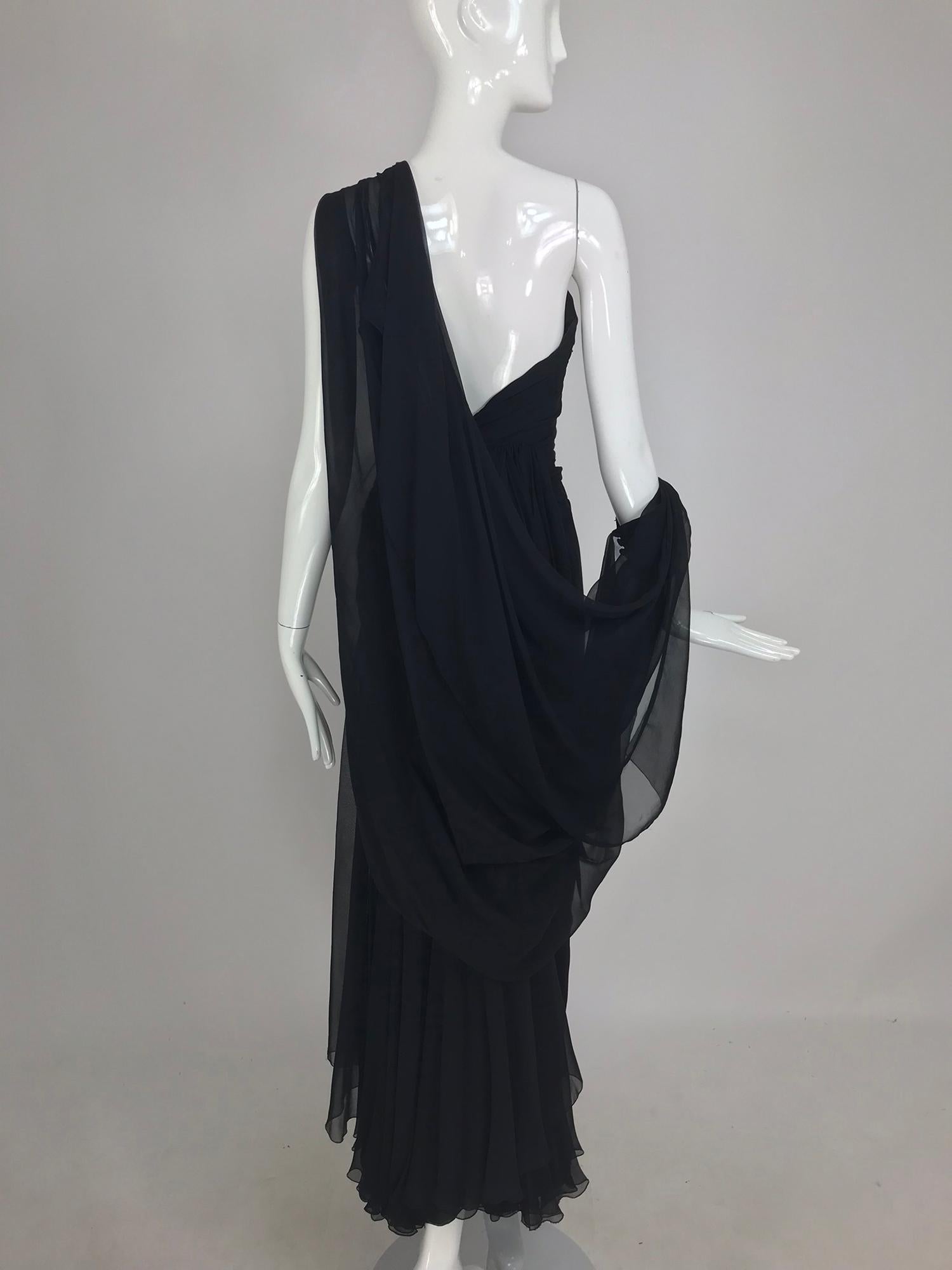 Paul-Louis Orrier Black Silk Chiffon One Sleeve Demi Couture Gown 1980s 11