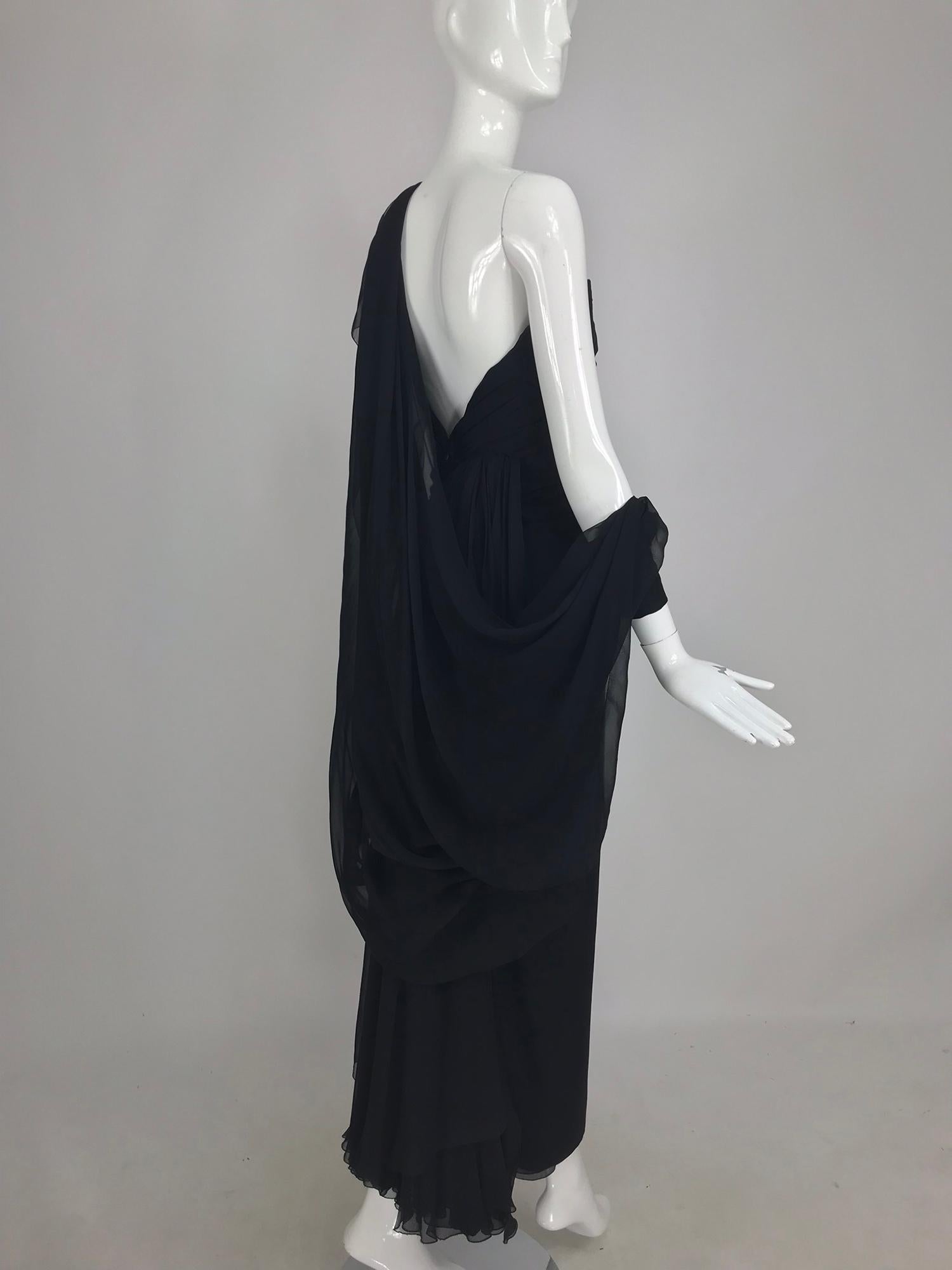 Paul-Louis Orrier Black Silk Chiffon One Sleeve Demi Couture Gown 1980s 12