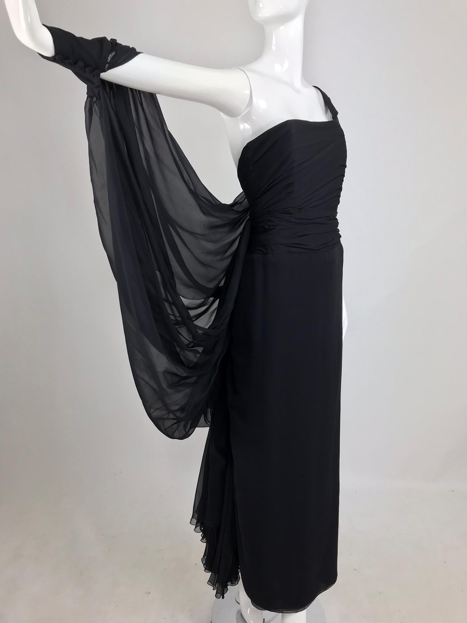 Paul-Louis Orrier Black Silk Chiffon One Sleeve Demi Couture Gown 1980s In Good Condition In West Palm Beach, FL