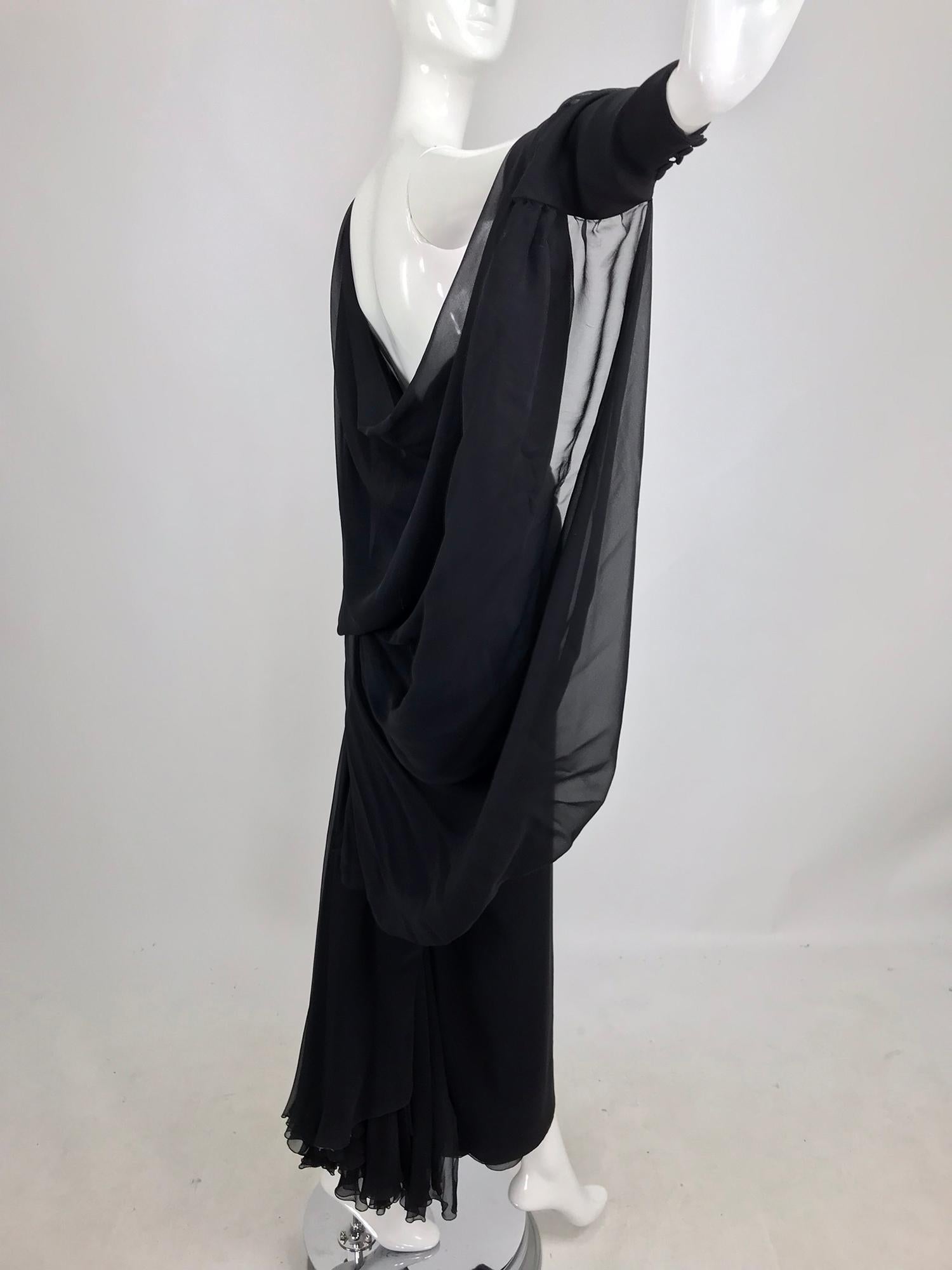 Women's Paul-Louis Orrier Black Silk Chiffon One Sleeve Demi Couture Gown 1980s