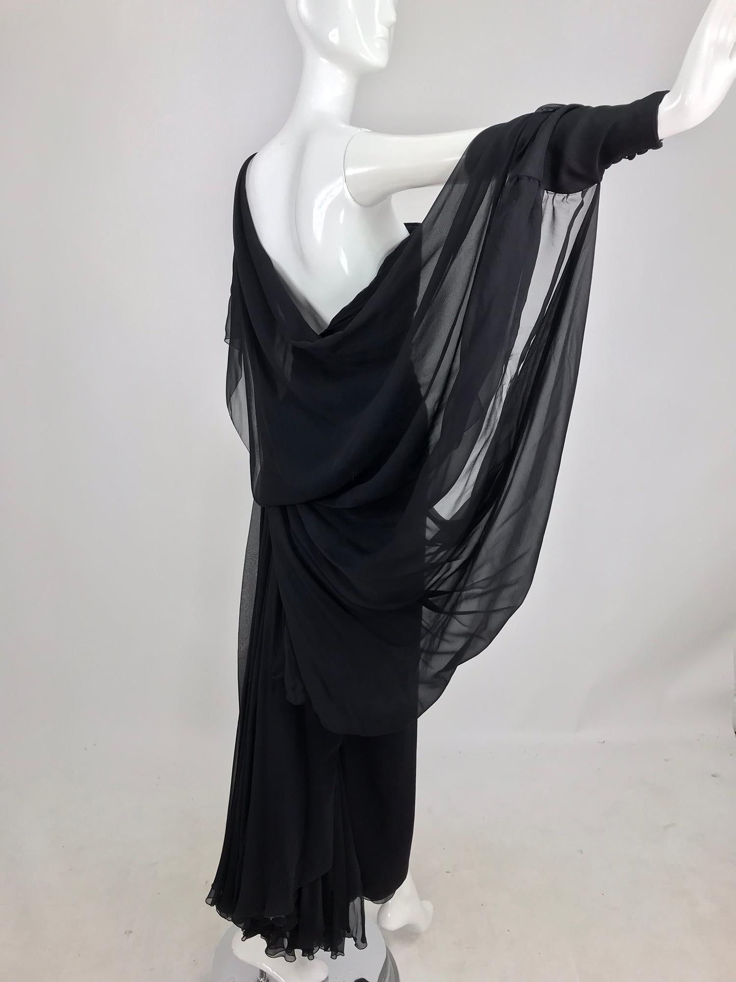 Paul-Louis Orrier Black Silk Chiffon One Sleeve Demi Couture Gown 1980s 1