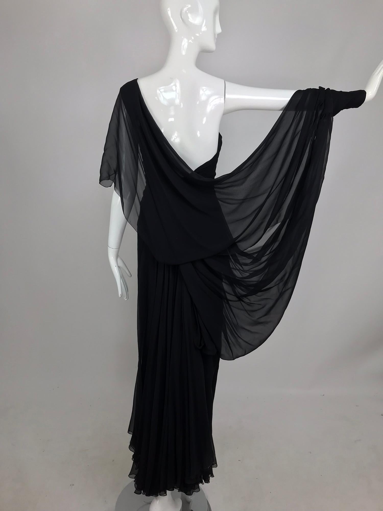 Paul-Louis Orrier Black Silk Chiffon One Sleeve Demi Couture Gown 1980s 2