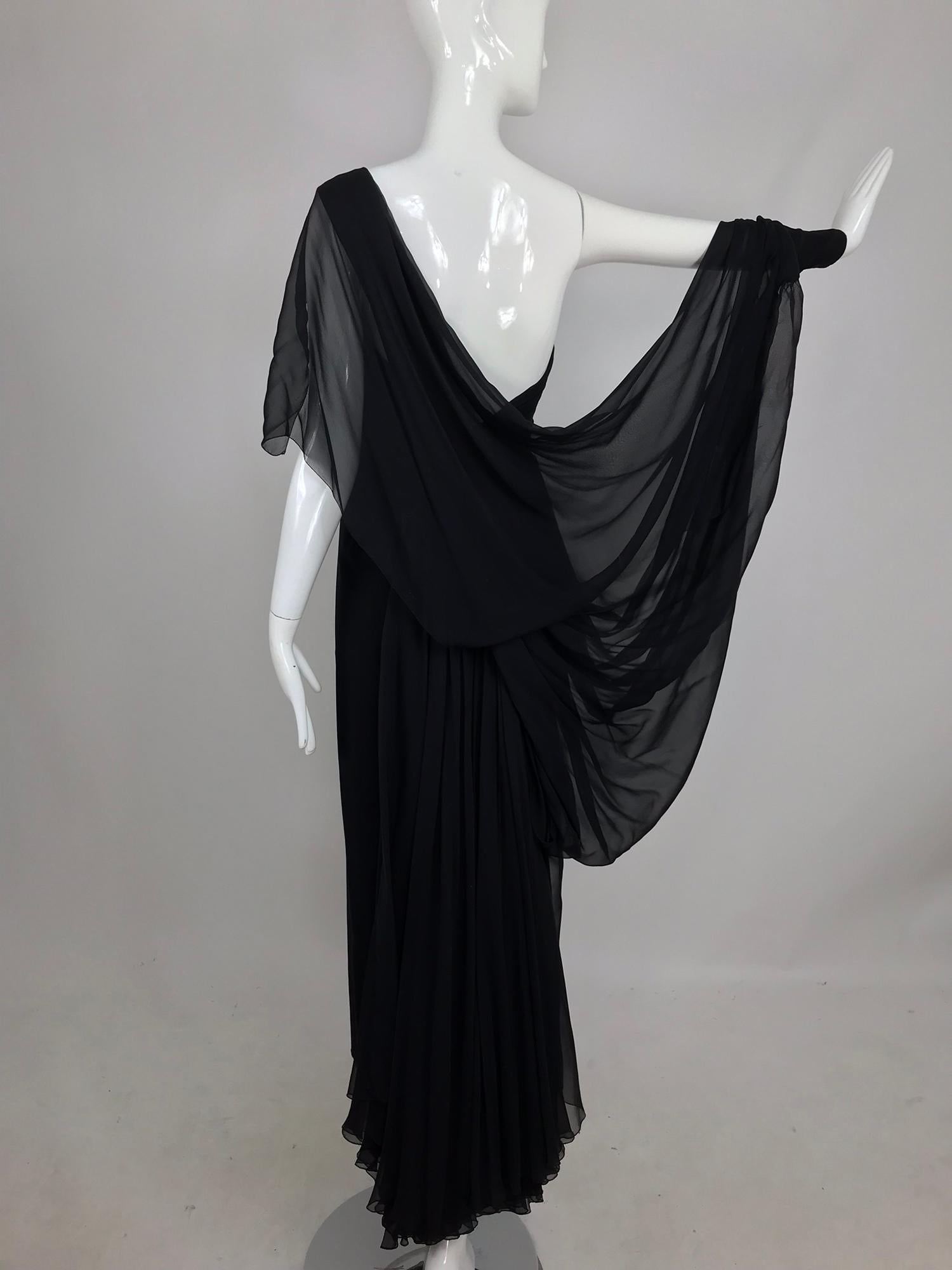 Paul-Louis Orrier Black Silk Chiffon One Sleeve Demi Couture Gown 1980s 3