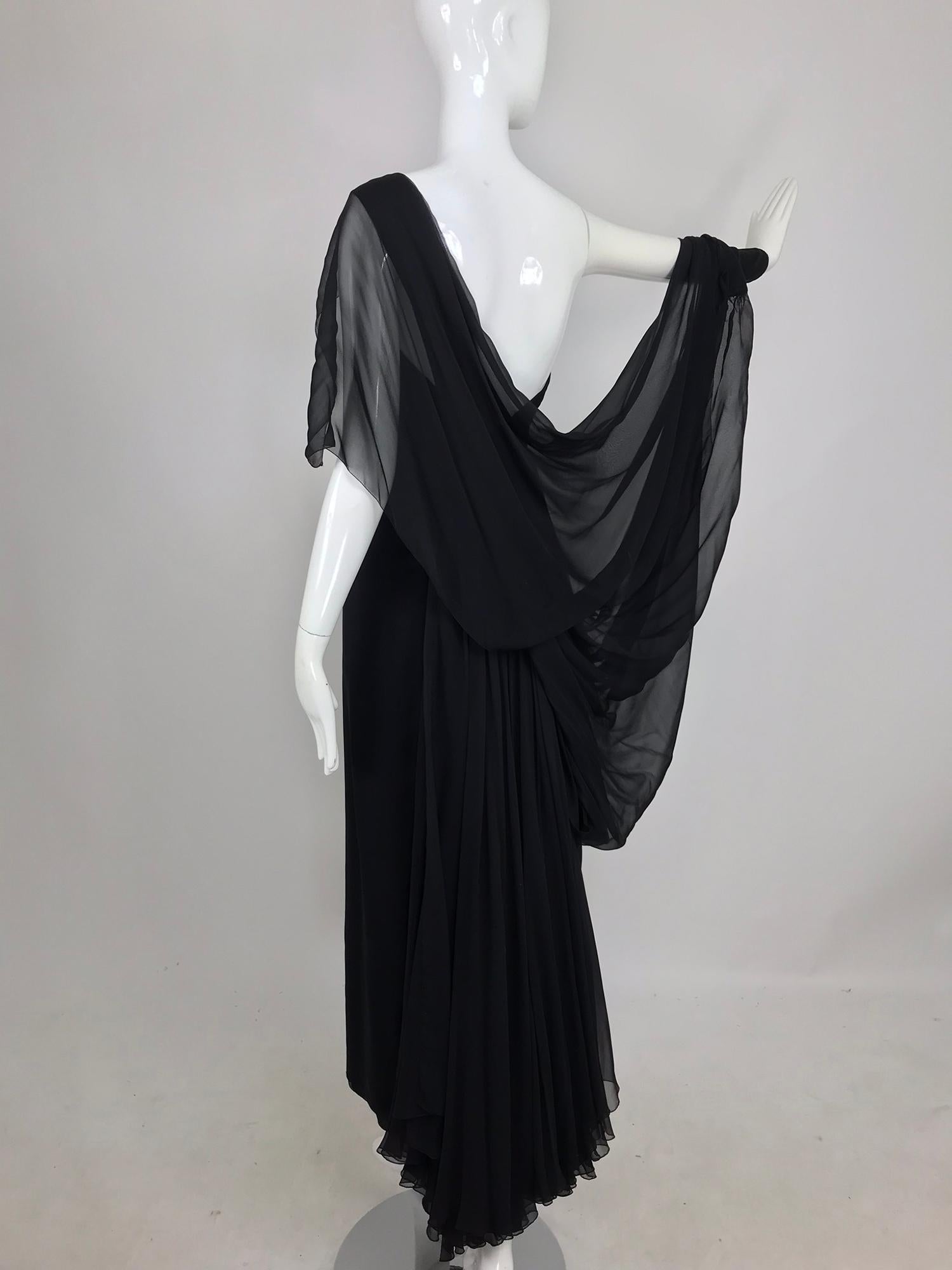Paul-Louis Orrier Black Silk Chiffon One Sleeve Demi Couture Gown 1980s 4