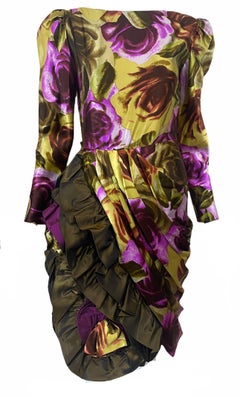 Paul Louis Orrier Vestido de cóctel de flores pintadas de alto dramatismo, años 80