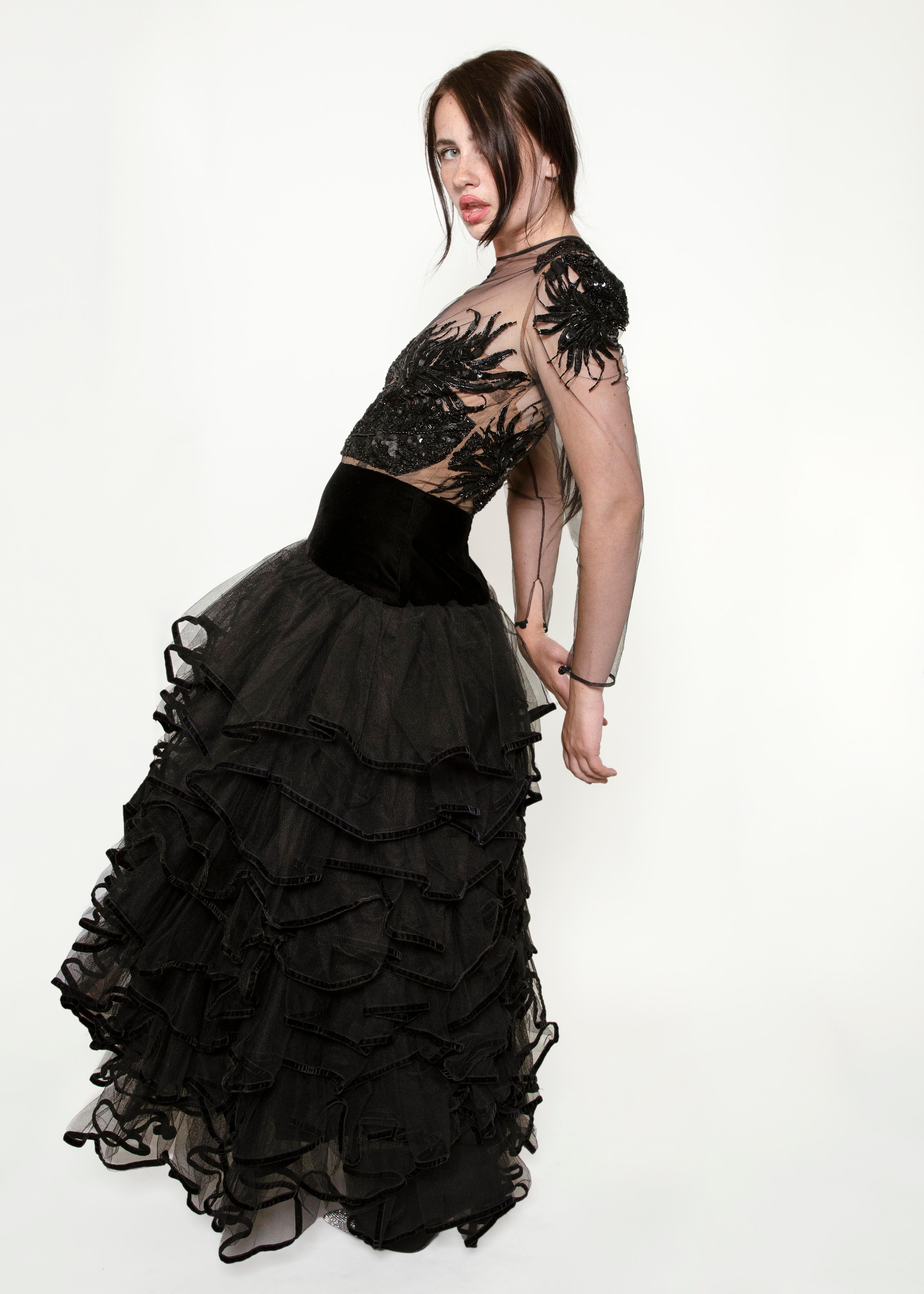 Black Paul Louis Orrier Illusion Sequin & Tulle Gown For Sale