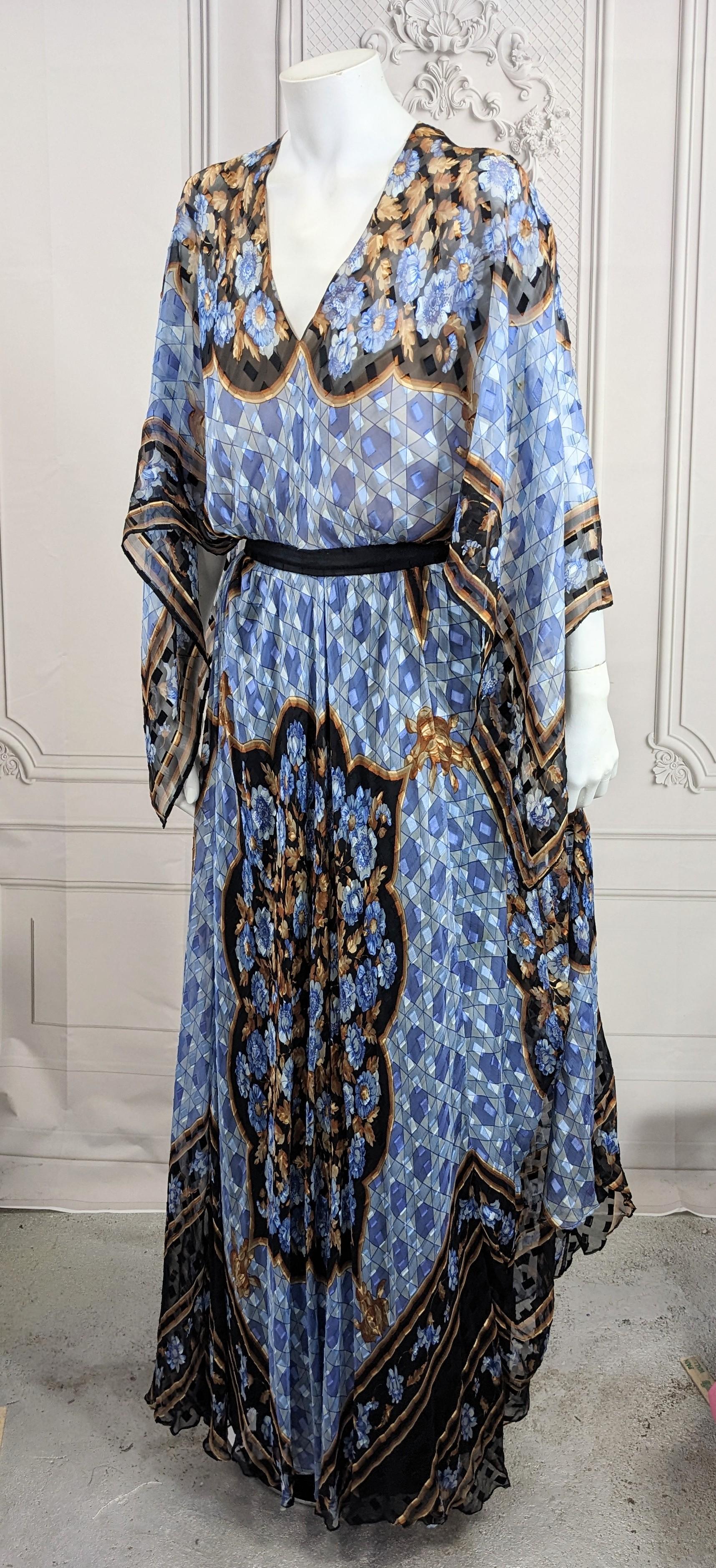 Paul Louis Orrier Placed Print Chiffon Scarf Point Gown In Good Condition For Sale In New York, NY