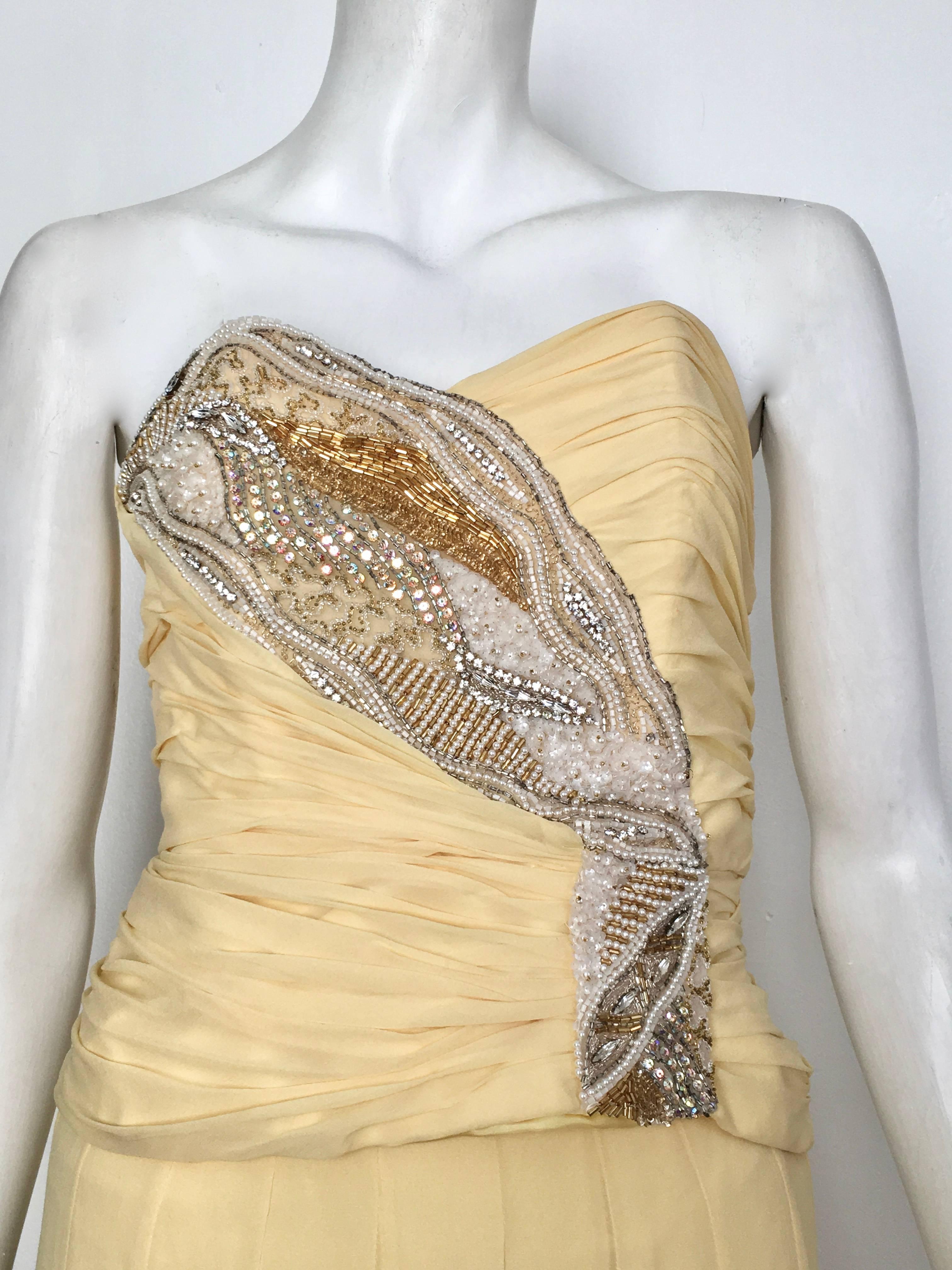 Beige Paul Louis Orrier 1980s Silk Beaded Bustier with Pleated Skirt and Scarf Size 4. For Sale