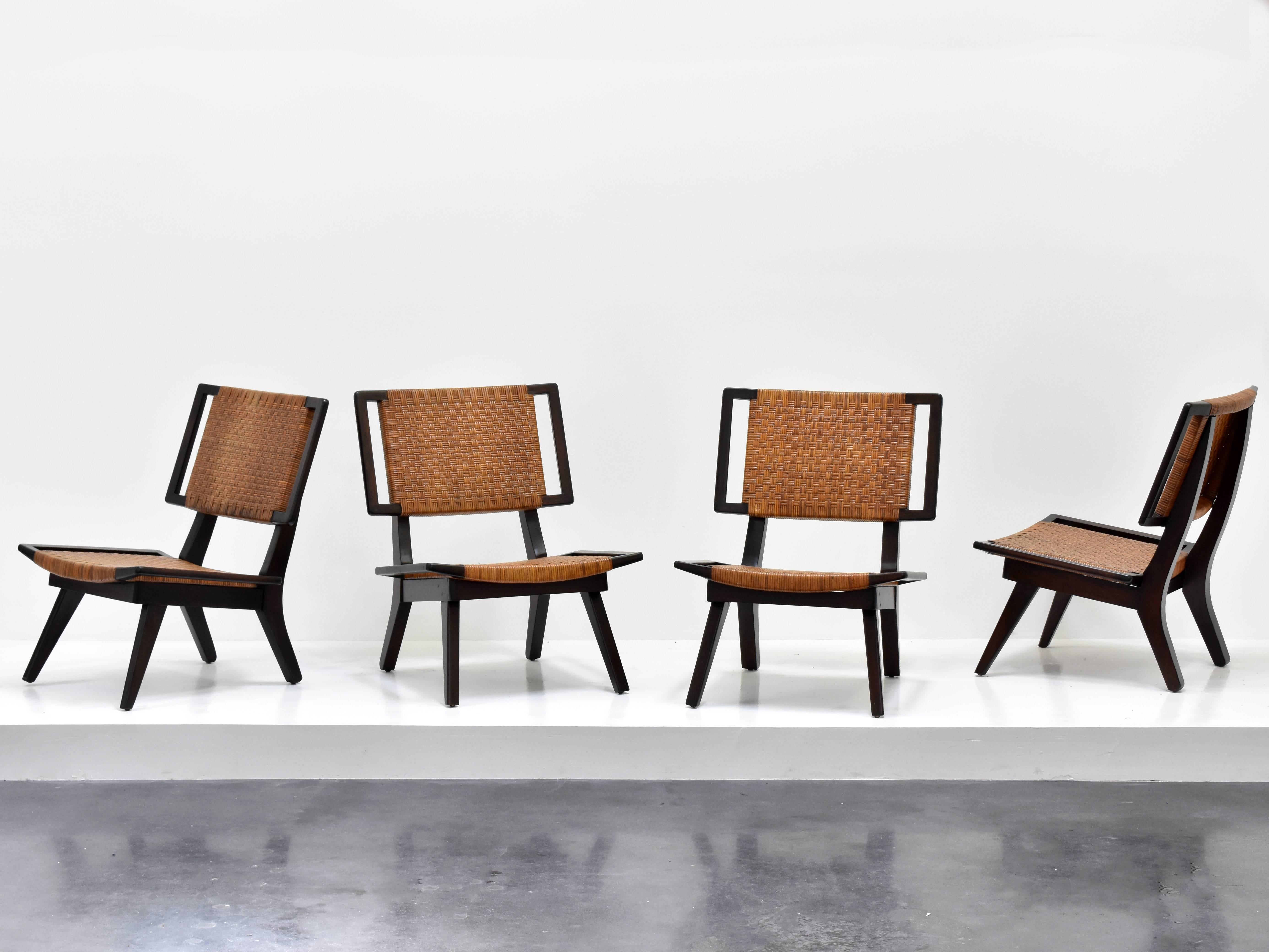 Paul László Style Lounge Chairs, Woven Rattan, Dark Wood, California 1950s 4