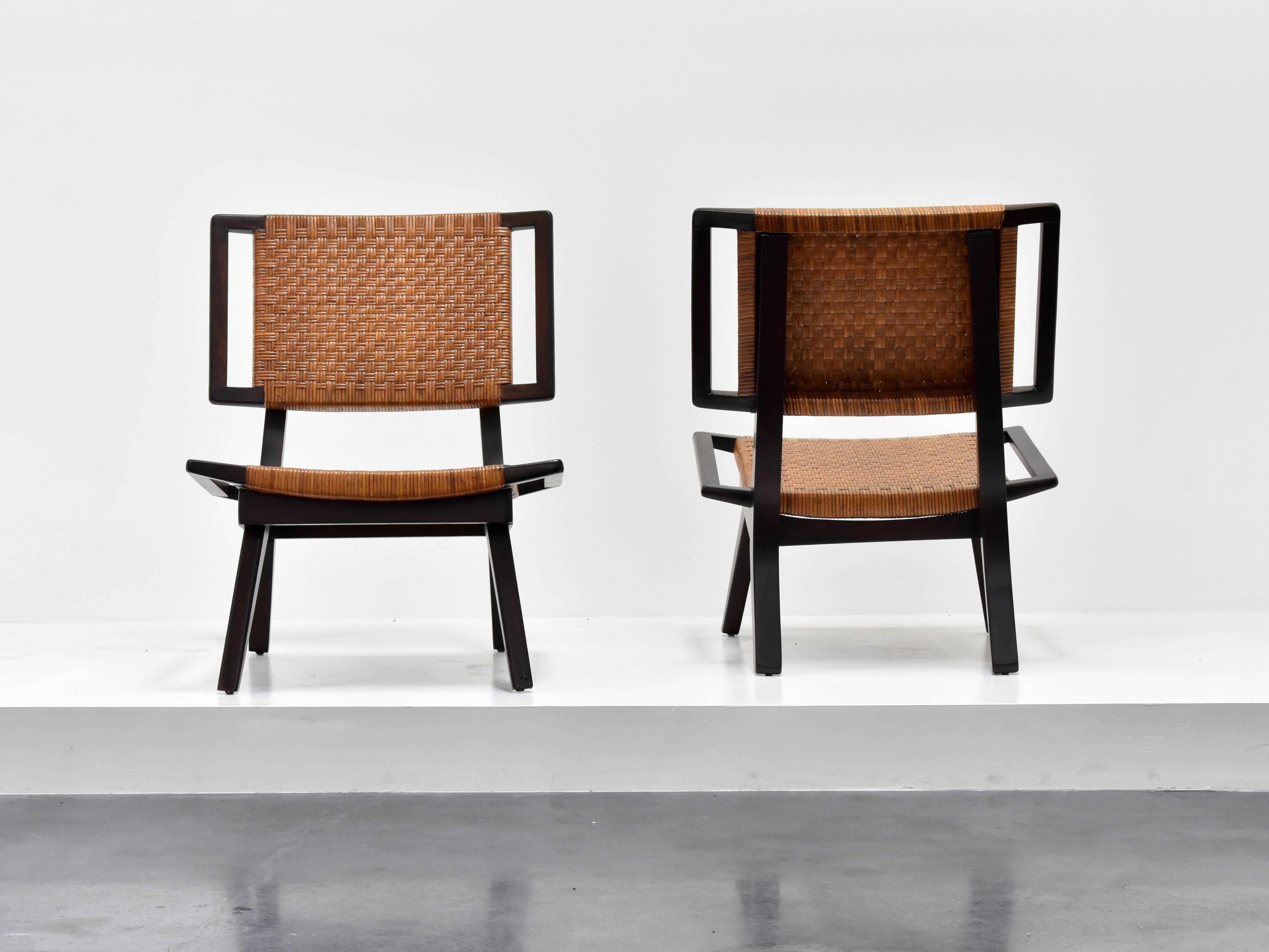 Mid-Century Modern Paul László Style Lounge Chairs, Woven Rattan, Dark Wood, California 1950s