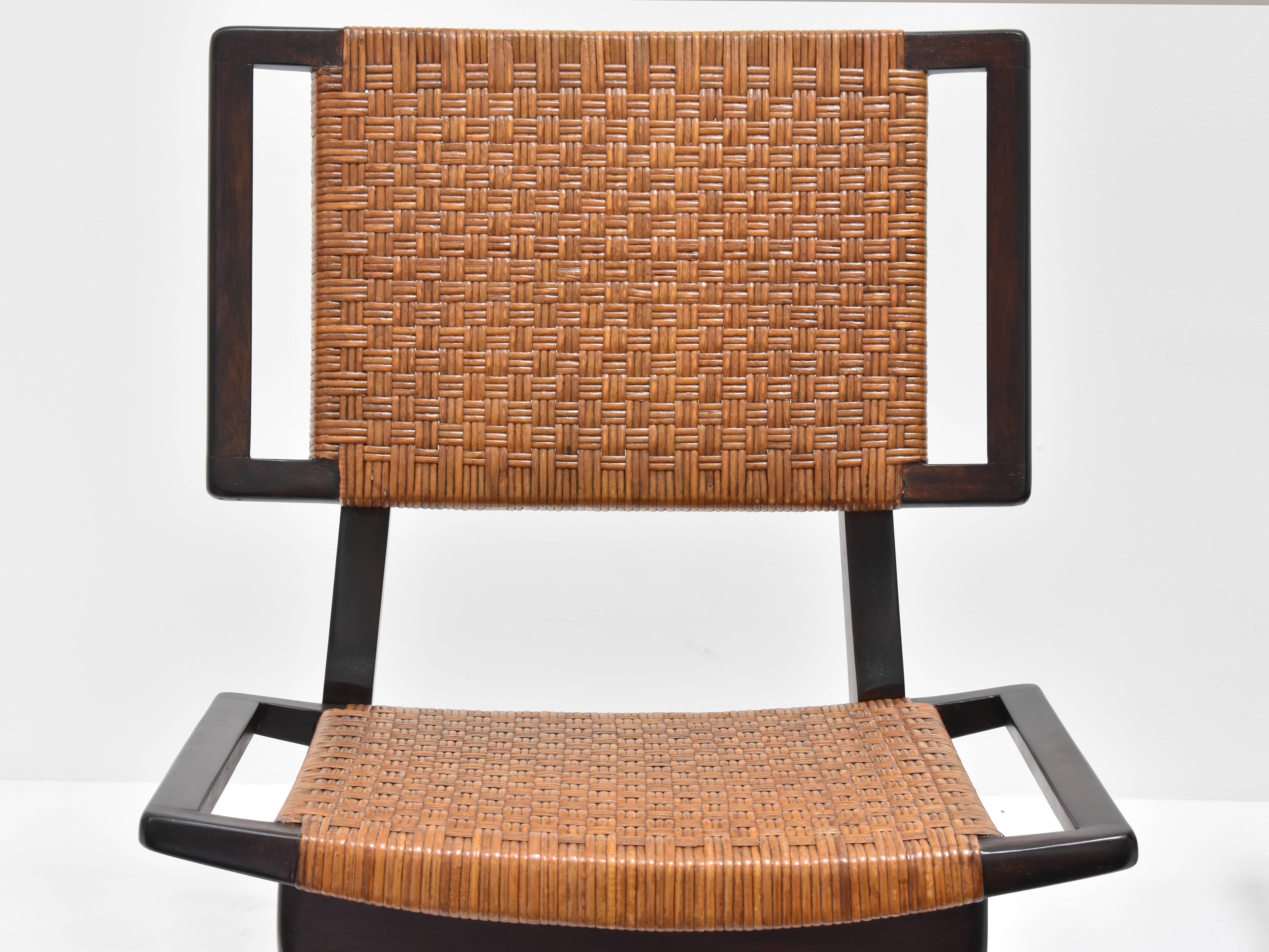 American Paul László Style Lounge Chairs, Woven Rattan, Dark Wood, California 1950s
