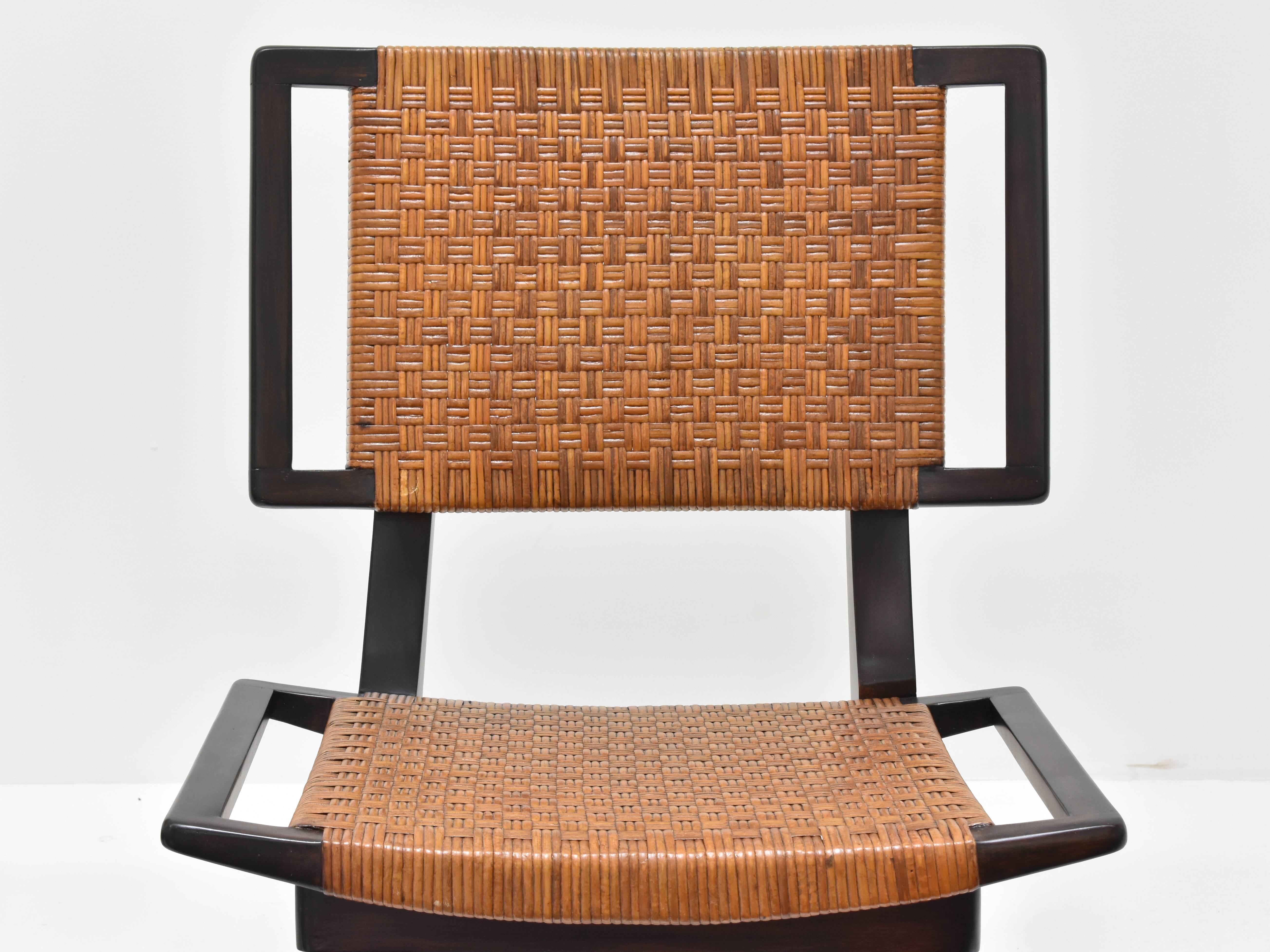Paul László Style Lounge Chairs, Woven Rattan, Dark Wood, California 1950s In Excellent Condition In High Point, NC
