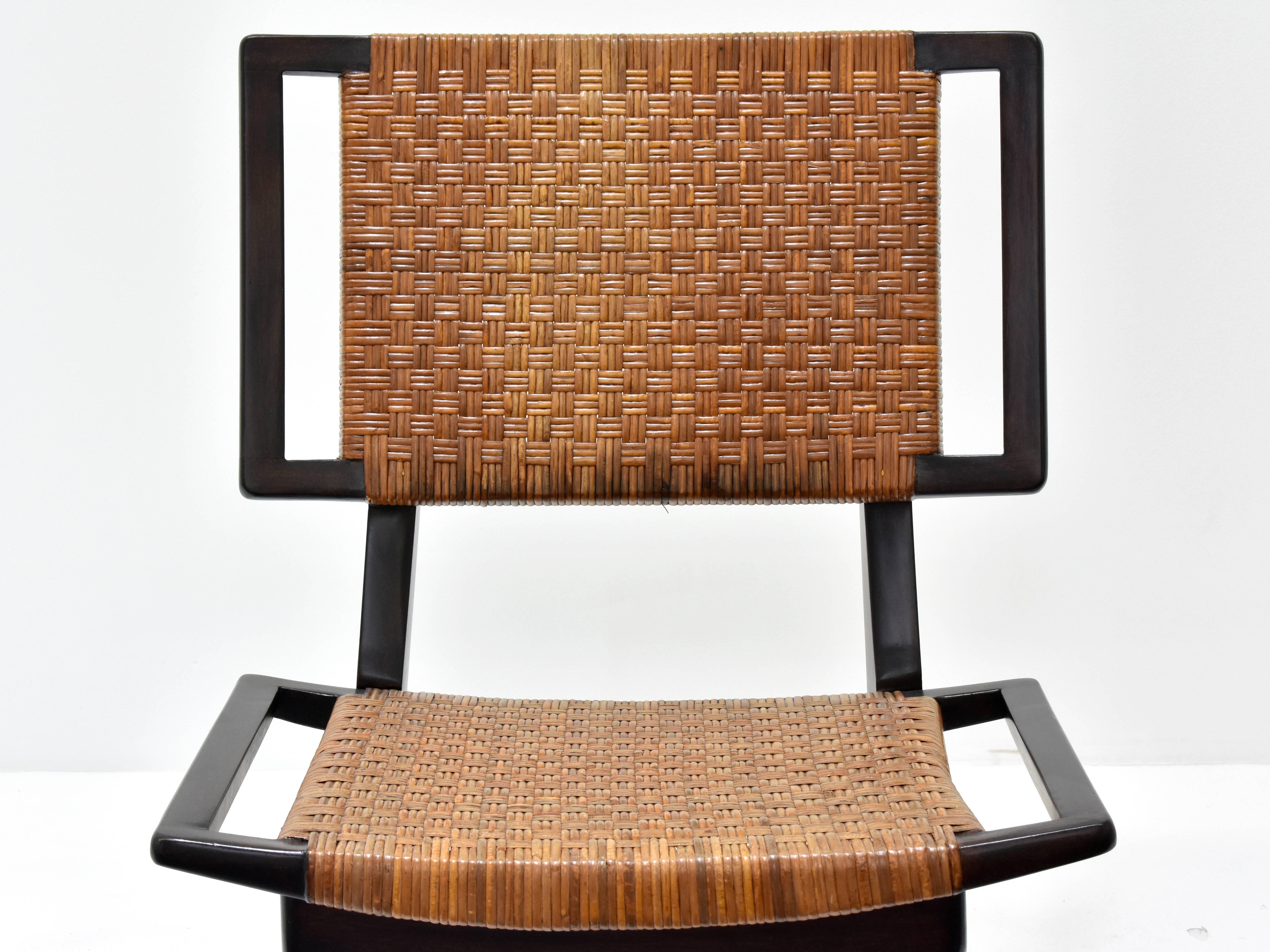 Mid-Century Modern Paul László Style Lounge Chairs, Woven Rattan, Dark Wood, California, 1950s