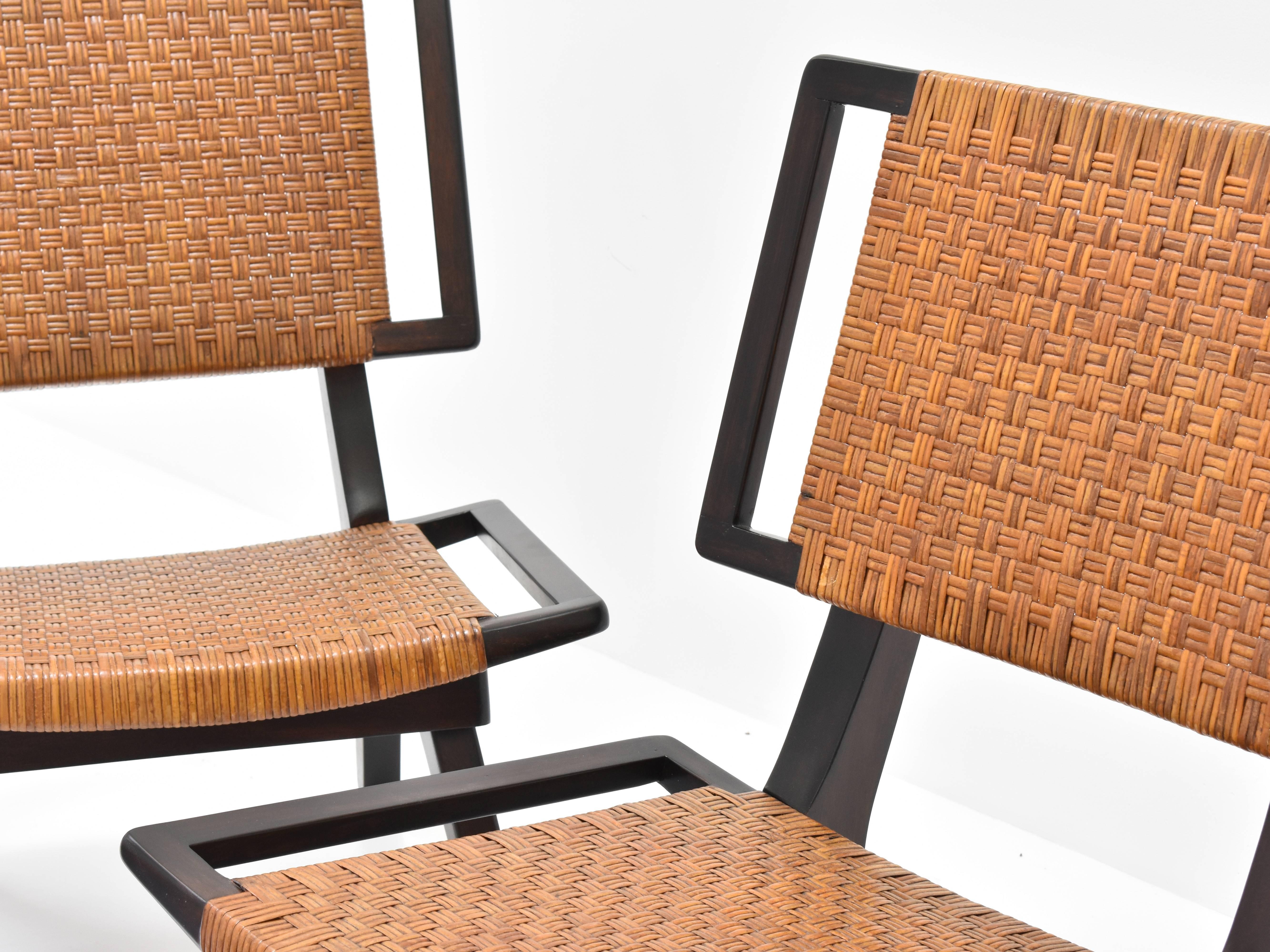 Mid-20th Century Paul László Style Lounge Chairs, Woven Rattan, Dark Wood, California 1950s