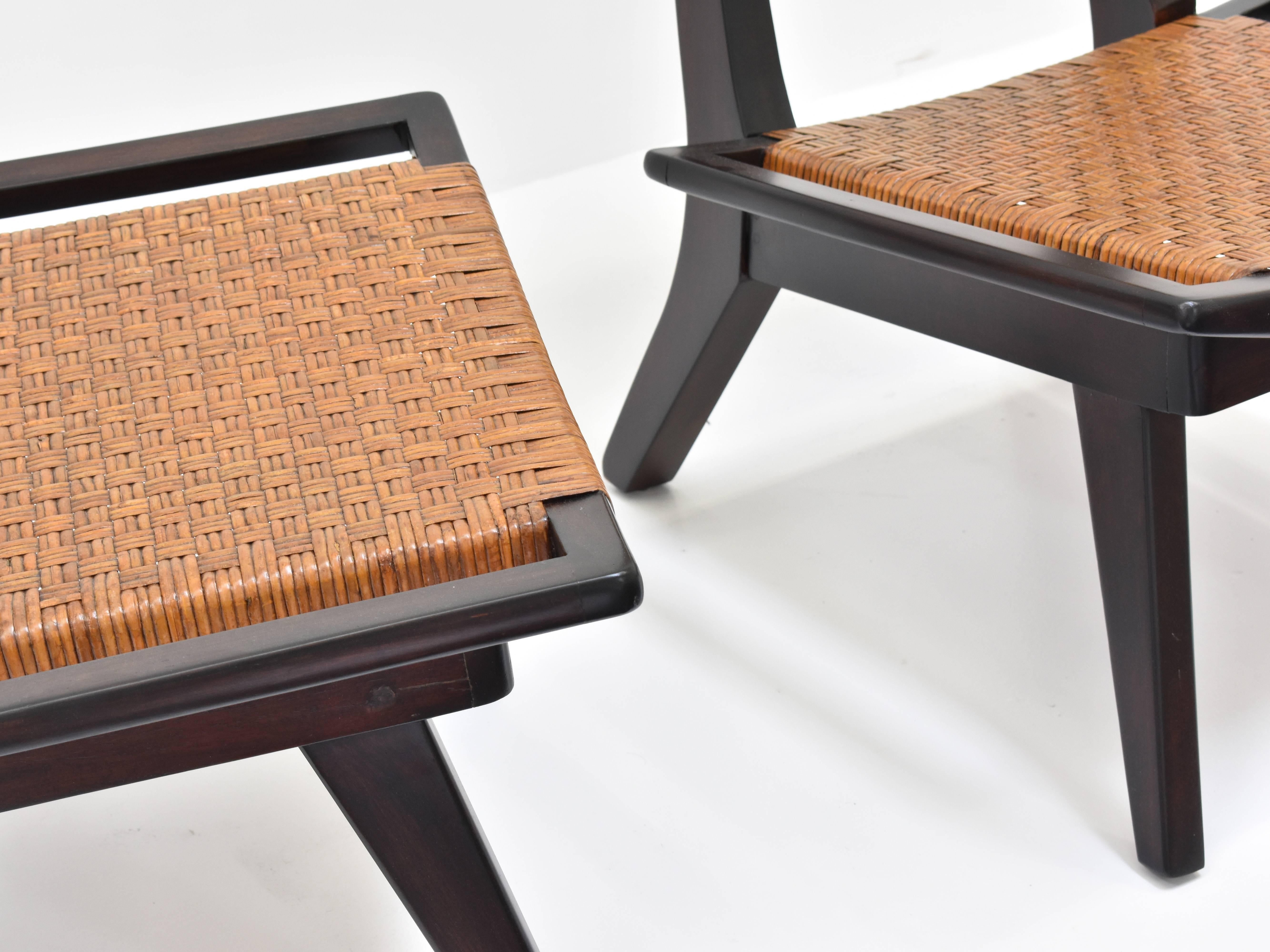Paul László Style Lounge Chairs, Woven Rattan, Dark Wood, California 1950s 2