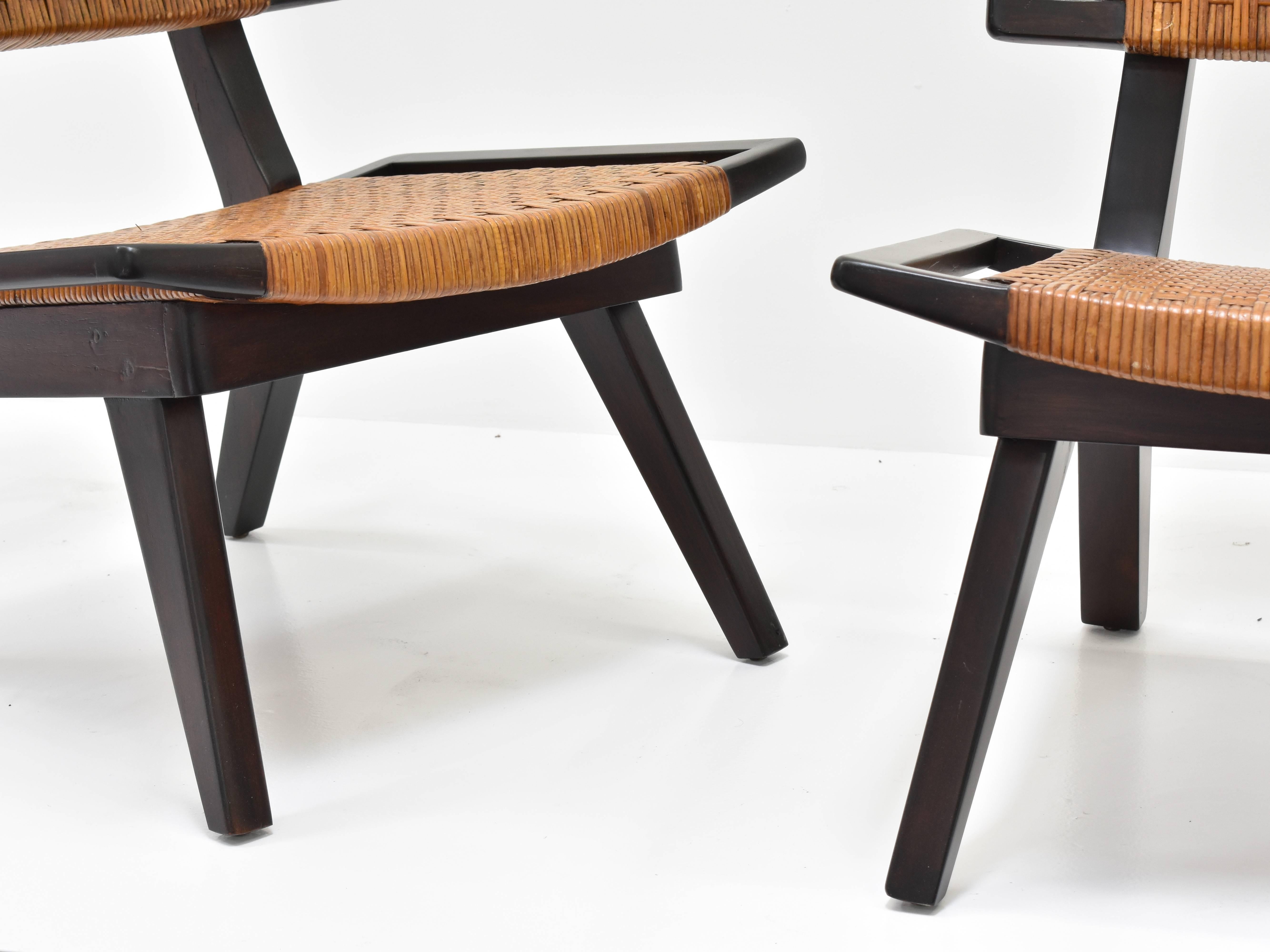 Paul László Style Lounge Chairs, Woven Rattan, Dark Wood, California 1950s 3