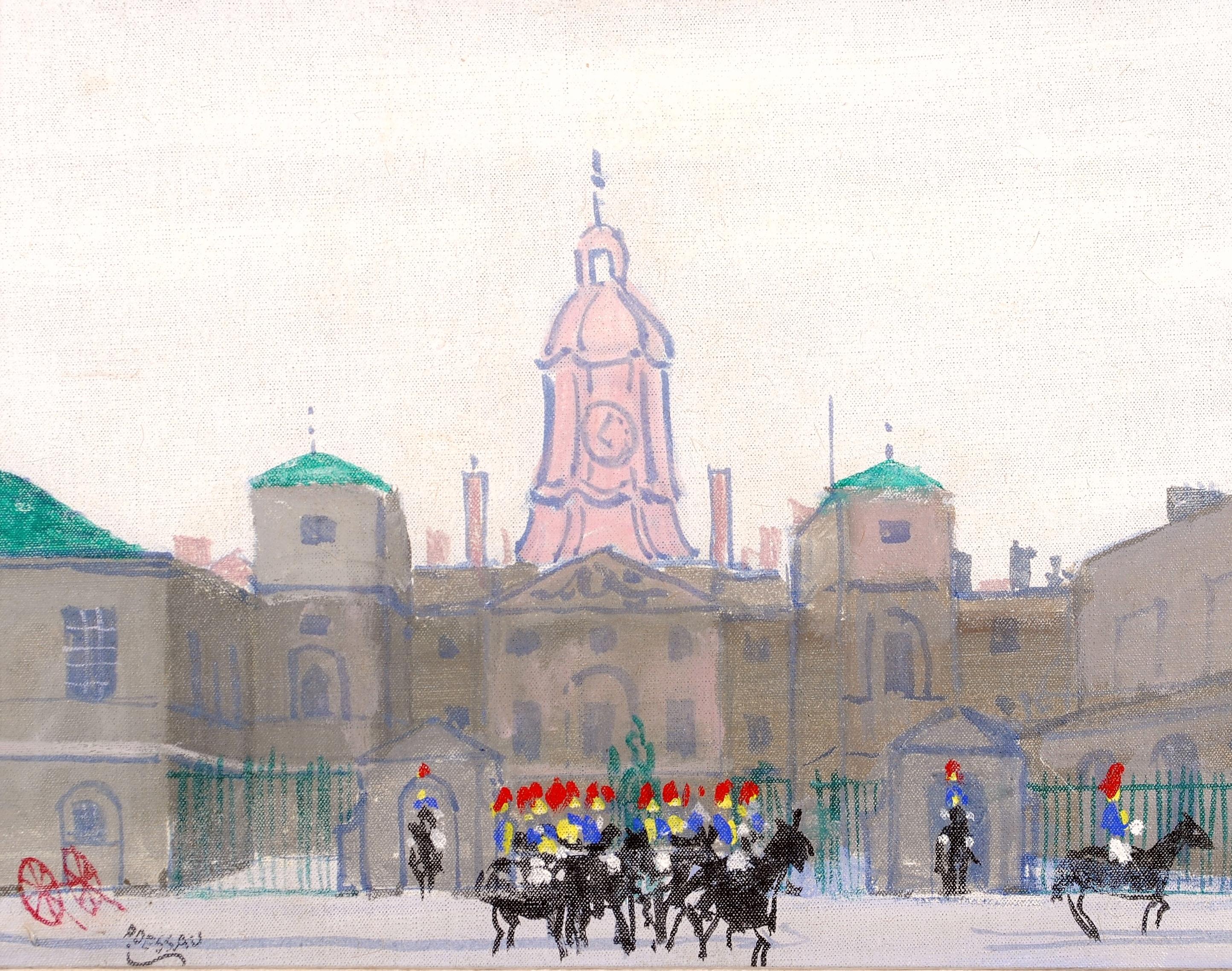 Horse Guards, London - Mid Century French Naif Parade City Street Oil Painting - Beige Landscape Painting by Paul Lucien Dessau