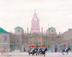 Horse Guards, London - Mid Century French Naif Parade City Street Oil Painting