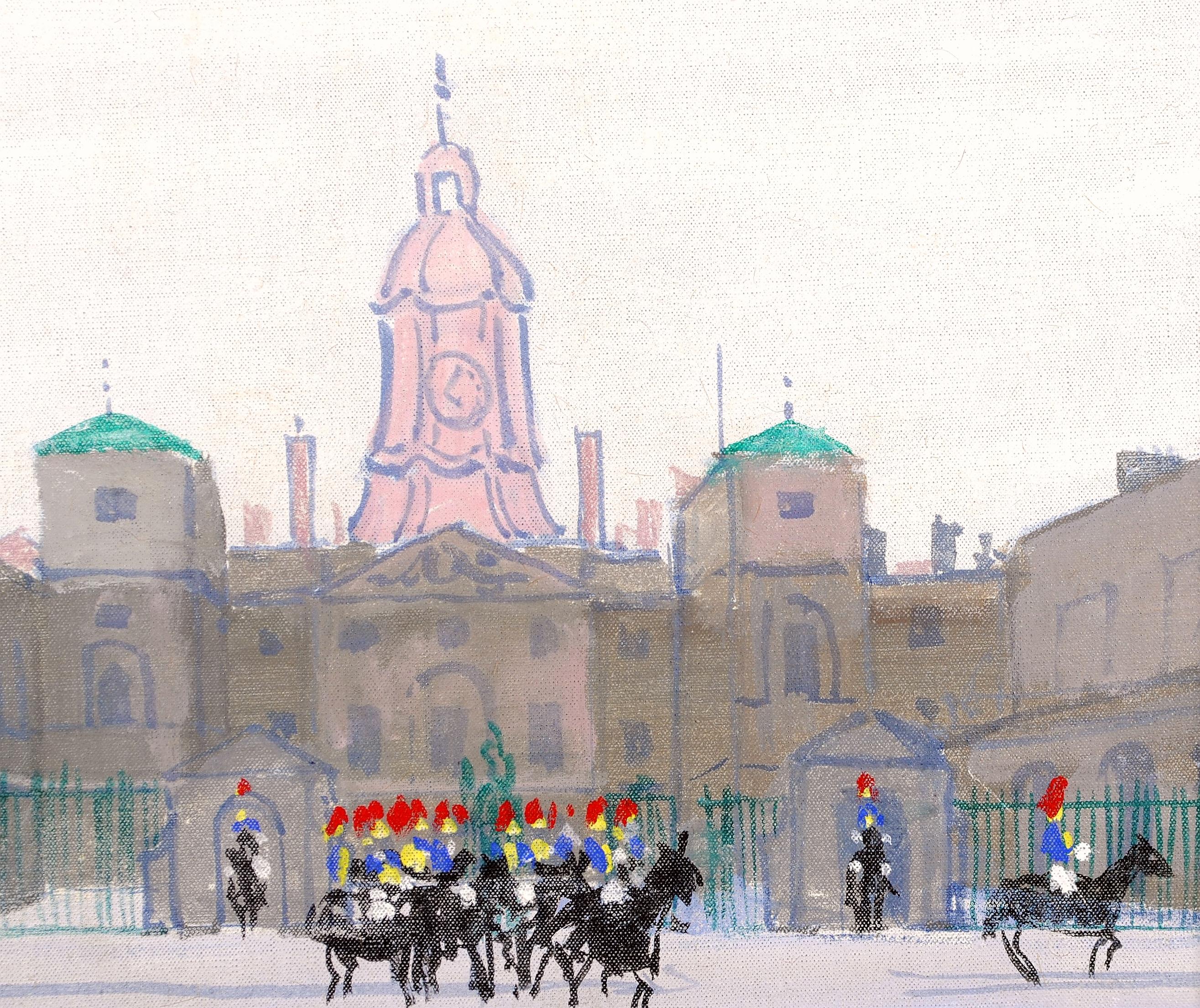 A beautiful 1960's oil on canvas by Paul Lucien Dessau depicting the famous entrance to Horse Guards in central London, with mounted Guardsmen on watch and parade.

The work is signed lower left and presented in a period painted frame.

Artist: Paul