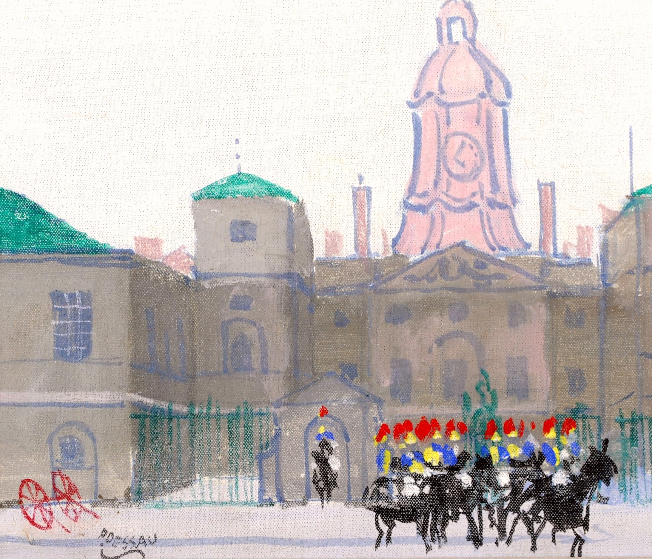 Horse Guards, London - Mid Century French Naif Parade City Street Oil Painting For Sale 1