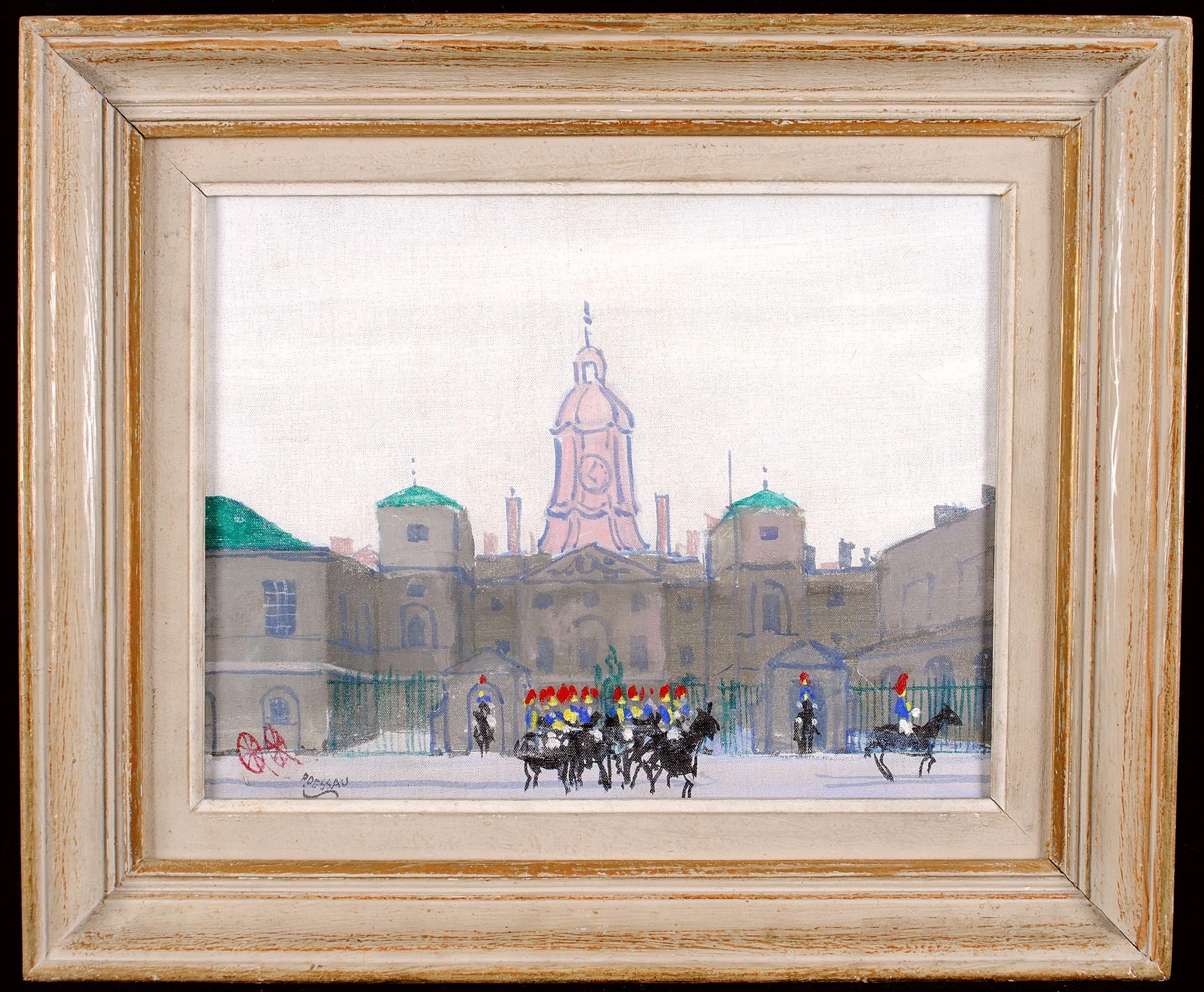 Paul Lucien Dessau Landscape Painting - Horse Guards, London - Mid Century French Naif Parade City Street Oil Painting