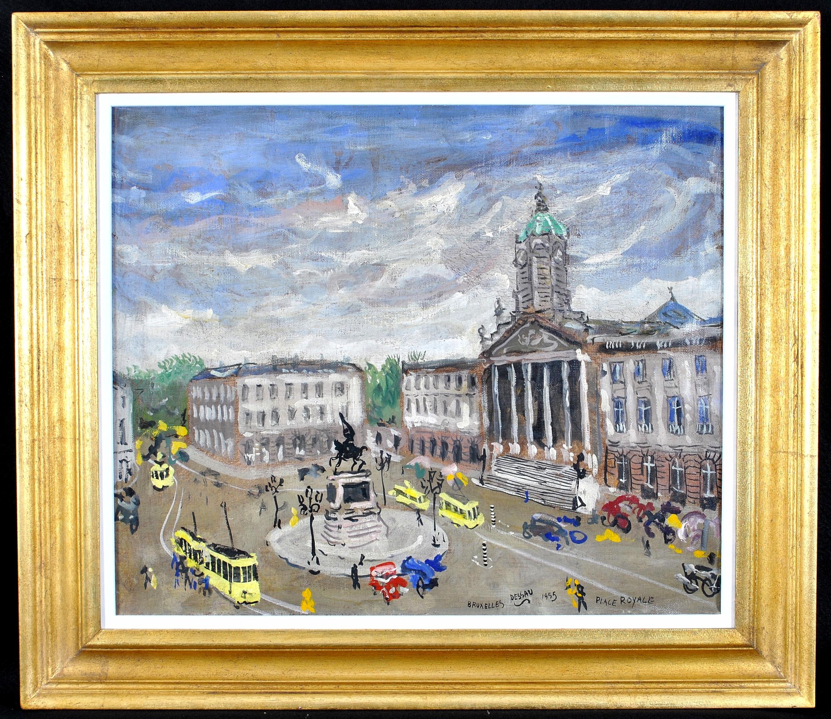 Place Royale, Brussels - Mid Century Naif Busy City Street Belgium Oil Painting For Sale 10