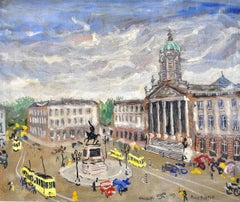 Place Royale, Brussels - Mid Century Naif Busy City Street Belgium Oil Painting